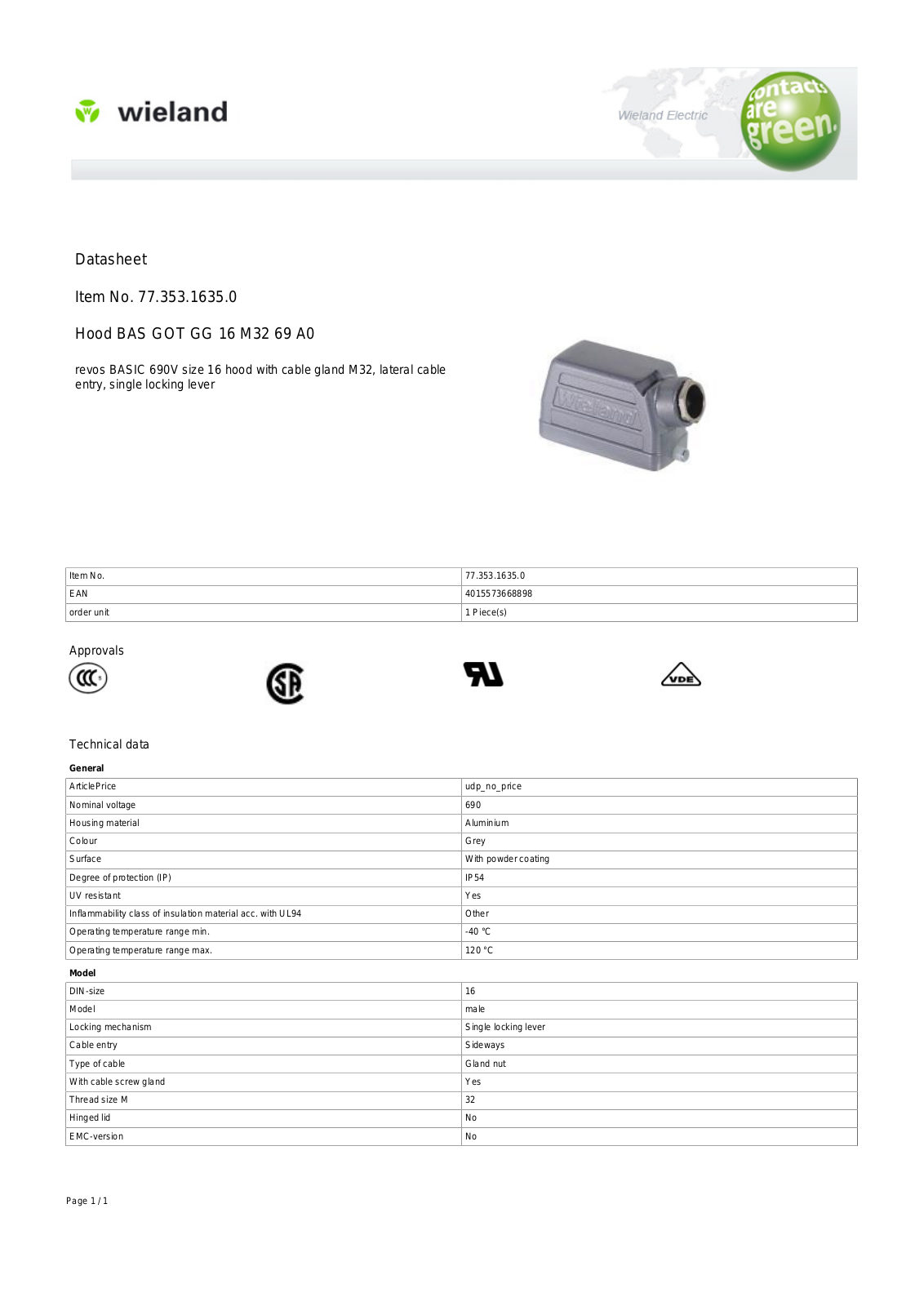 Wieland 77.353.1635.0 Data Sheet