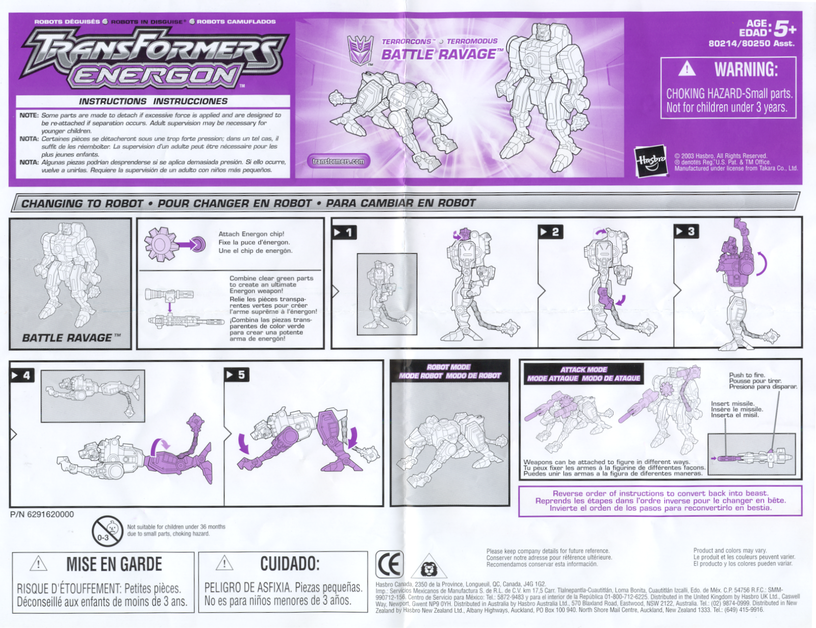 HASBRO Transformers Energon Battle Ravage User Manual