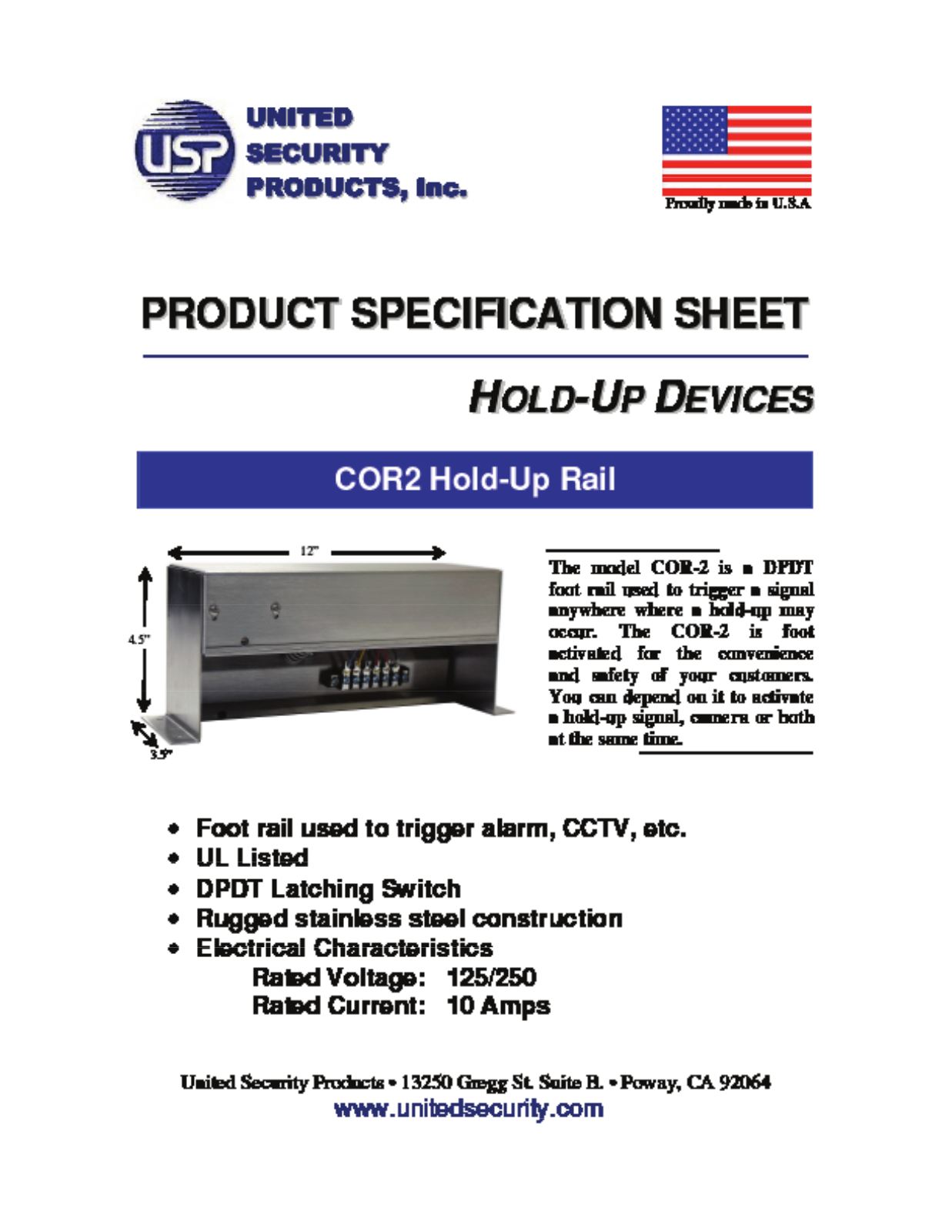 United Security Products COR2 Specsheet