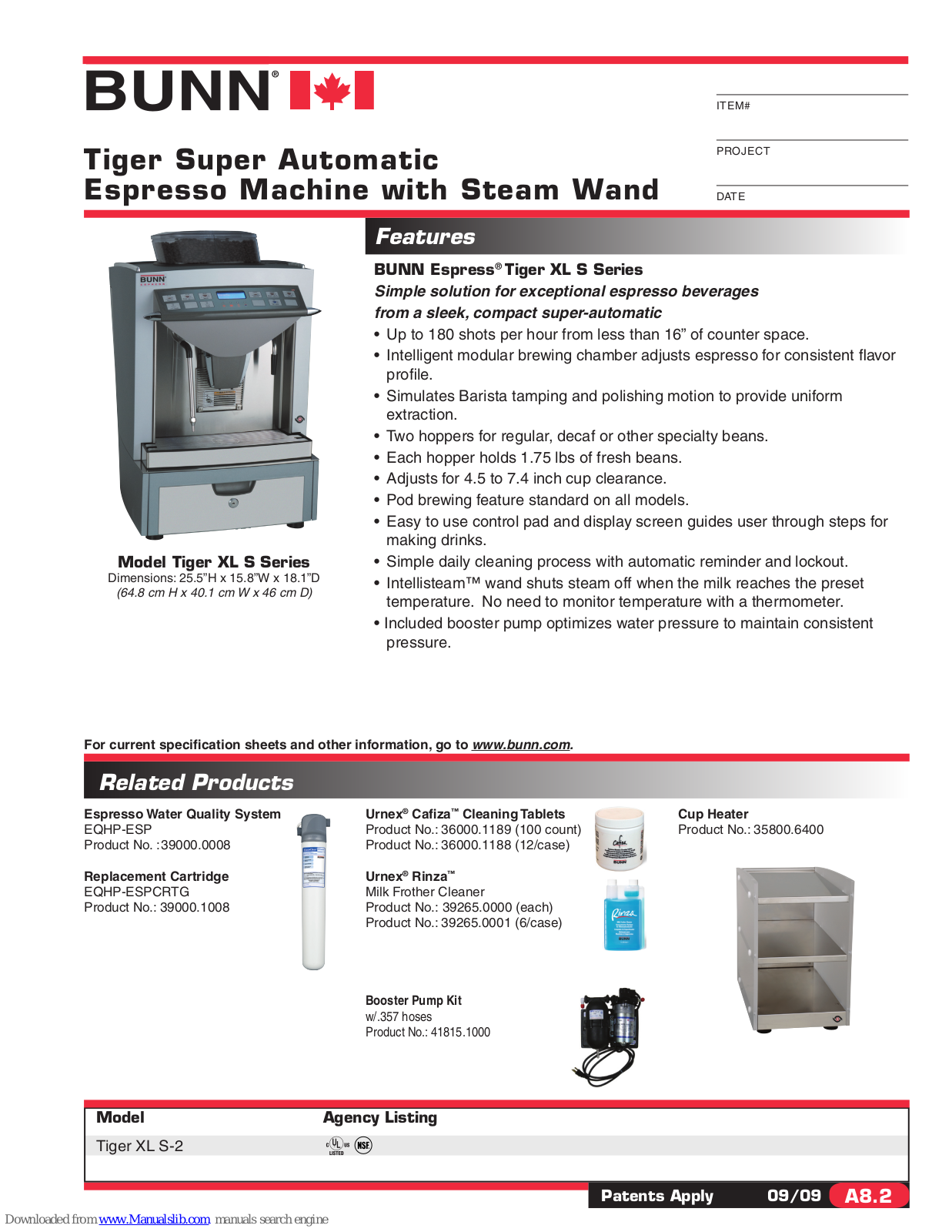 Bunn Tiger Super Automatic Espresso Machine with Steam Wand XL S-2 Specification Sheet