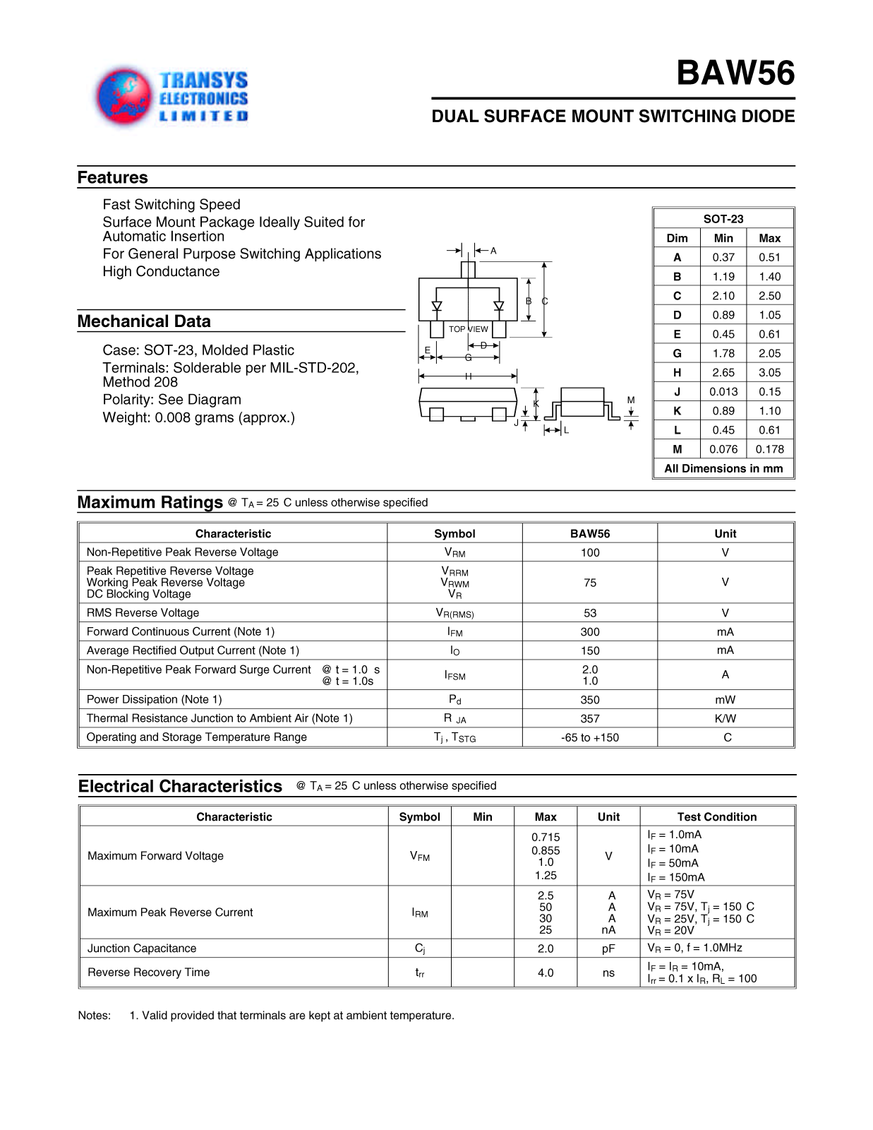 TEL BAW56, BAW56 Datasheet