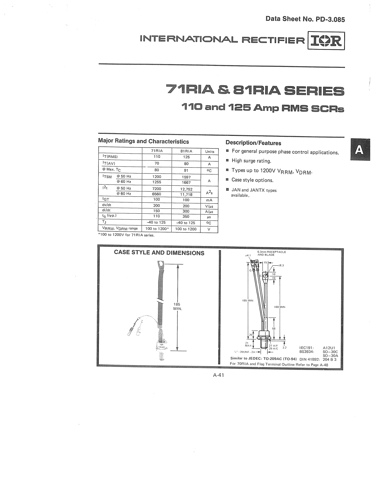 International Rectifier 71RIA Series, 81RIA Series Data Sheet