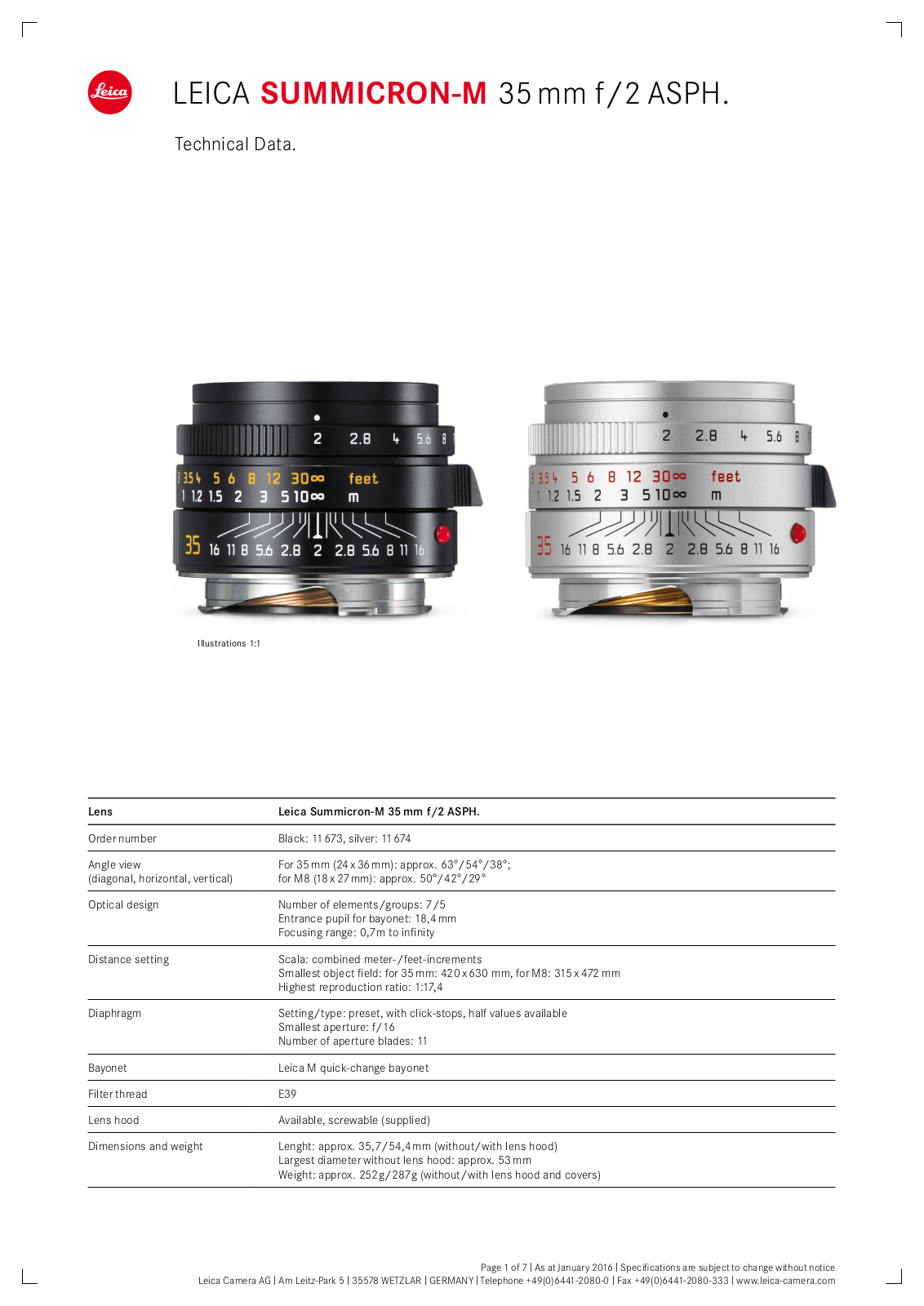 Leica Summicron-M 35mm 2.0 ASPH User Manual