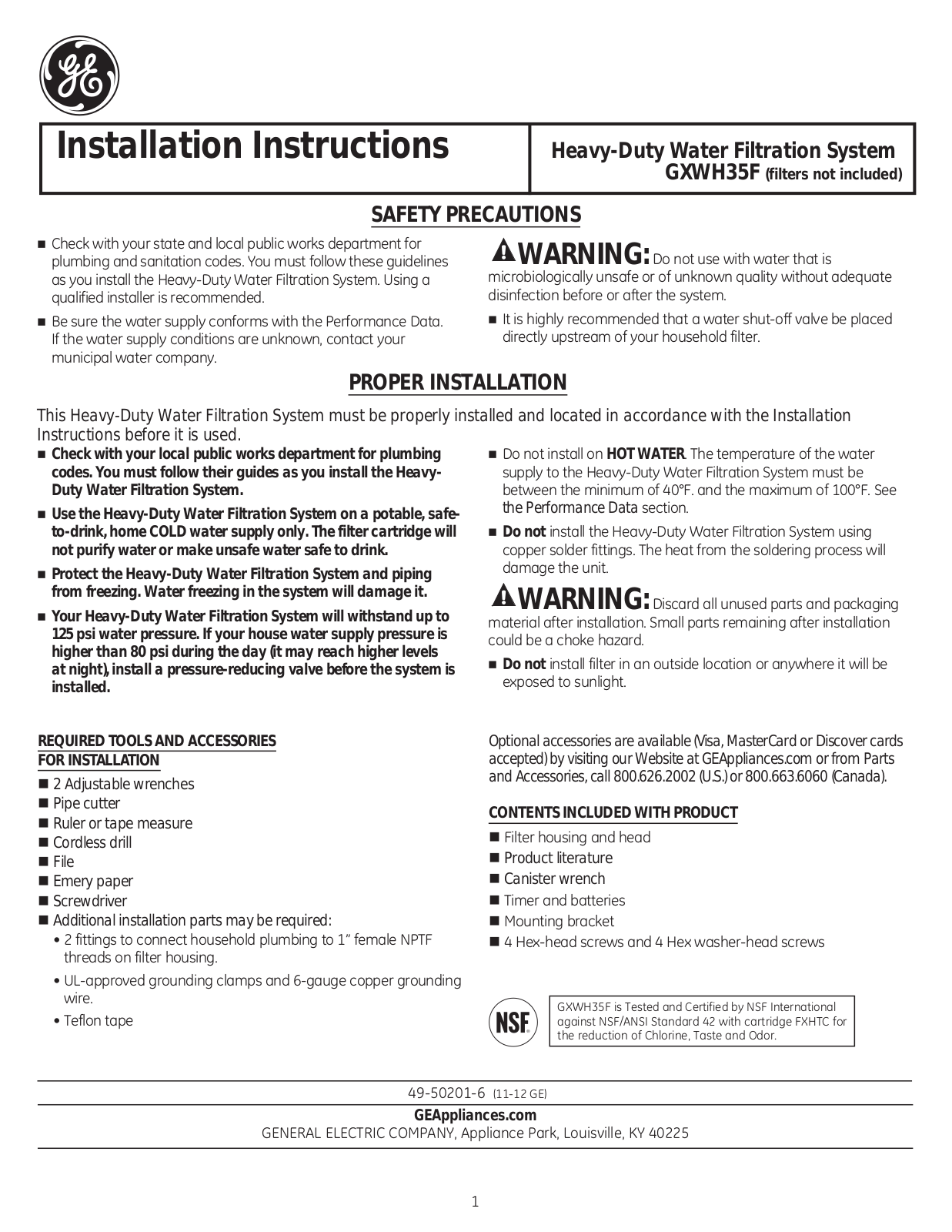 GE Appliances GXWH35F Installation Manual