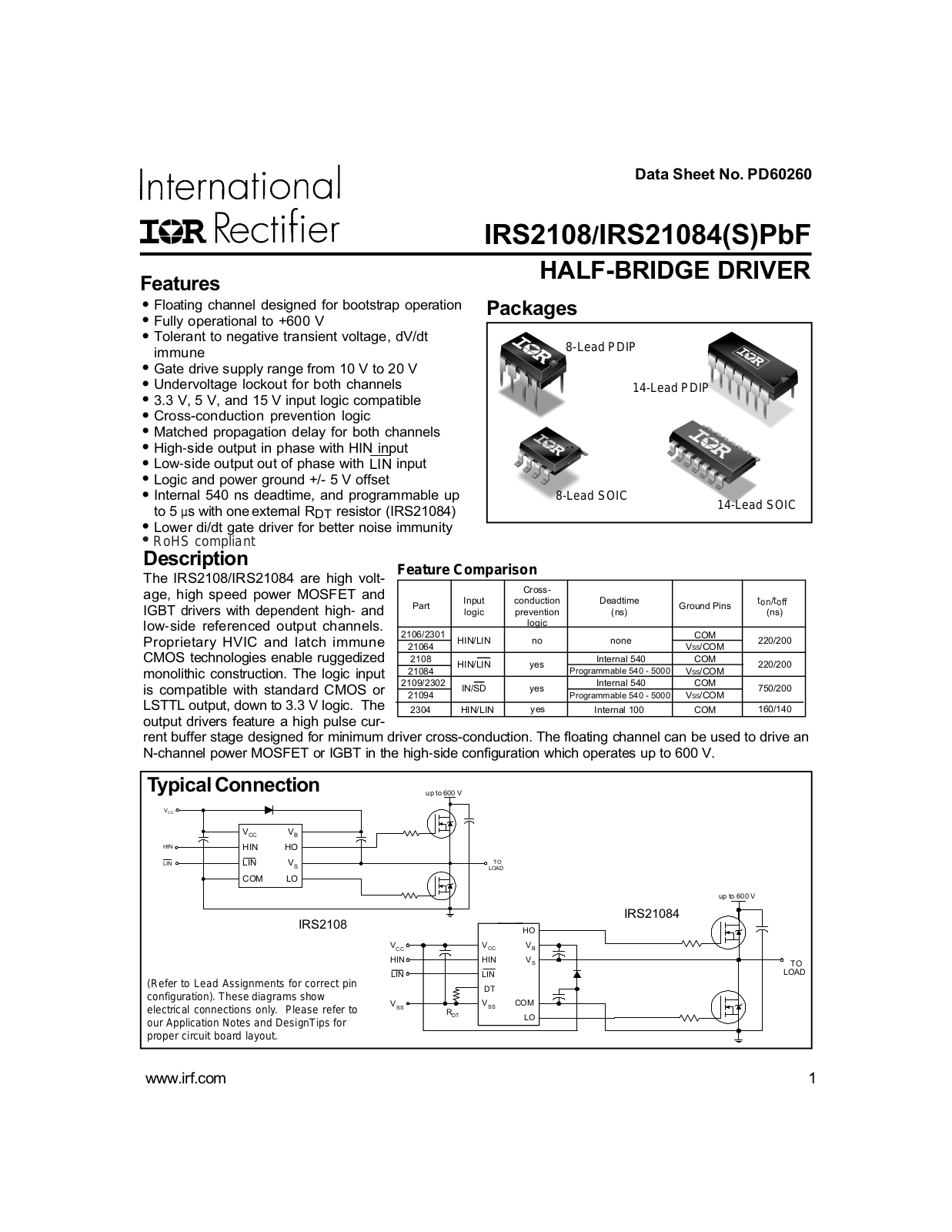 IOR IRS2108, HALF-BRIDGE DRIVER, IRS21084S PbF User Manual