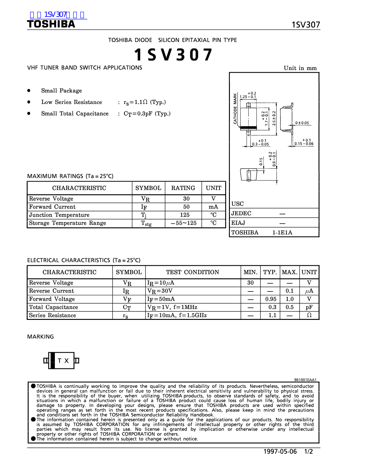 TOSHIBA 1SV307 Technical data