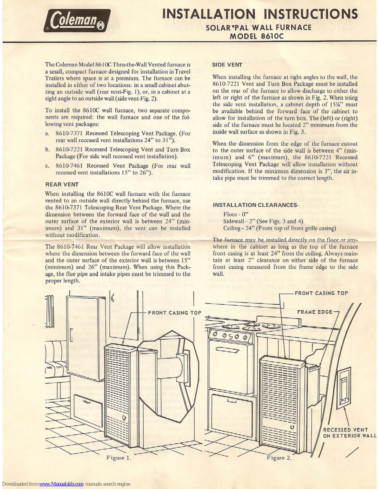 Coleman 8610C Installation Instructions Manual