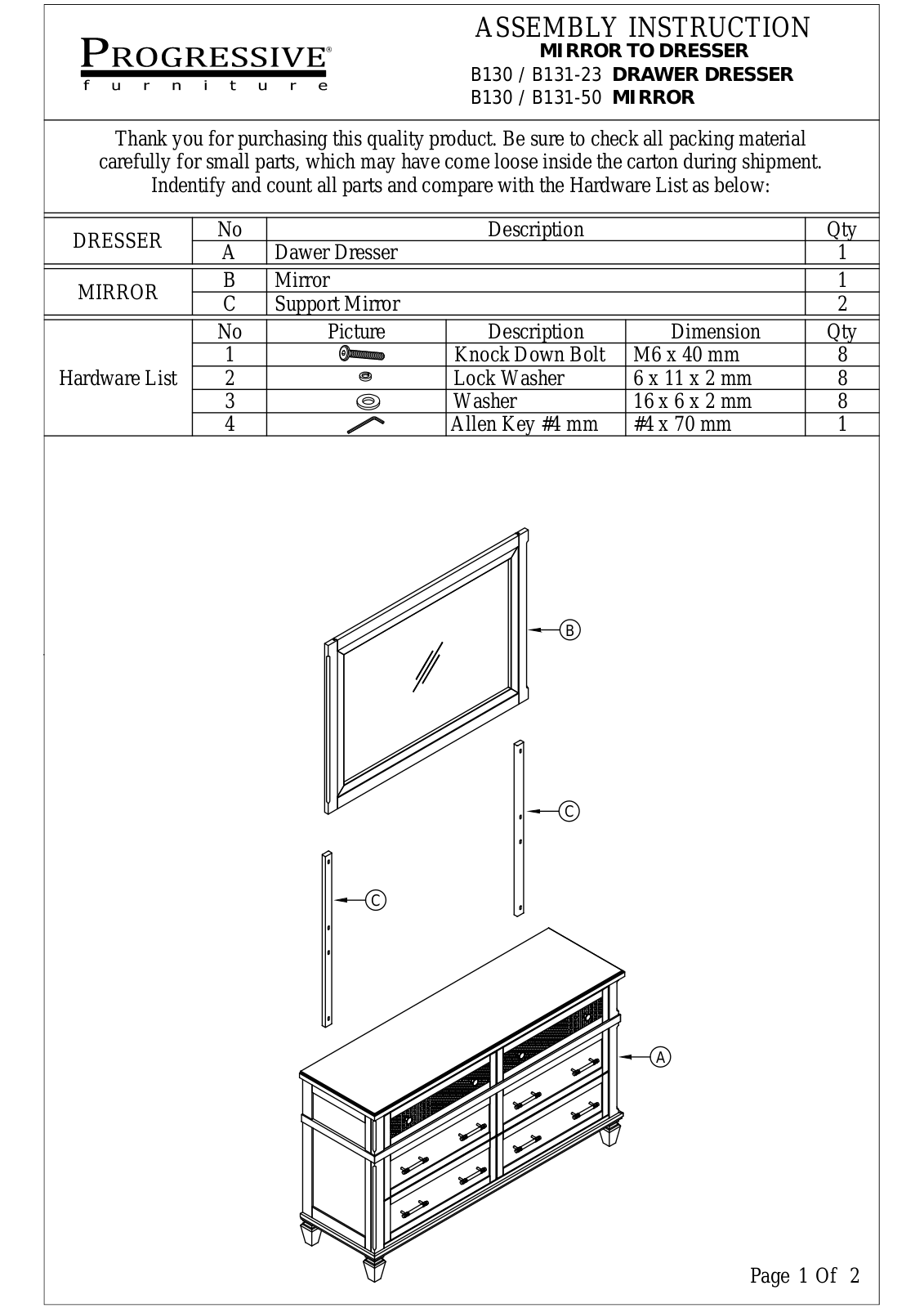 Progressive Furniture B13DD23, B13123 Assembly Guide