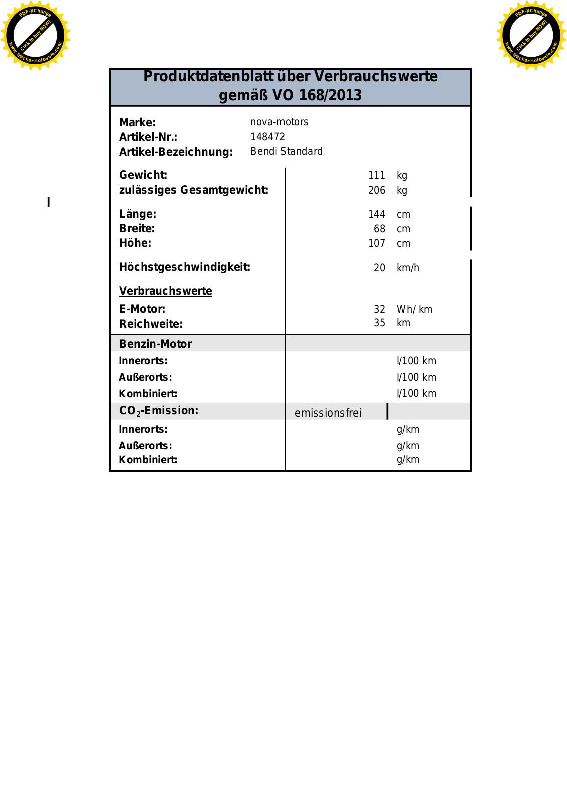 Nova Motors Bendi Technical data