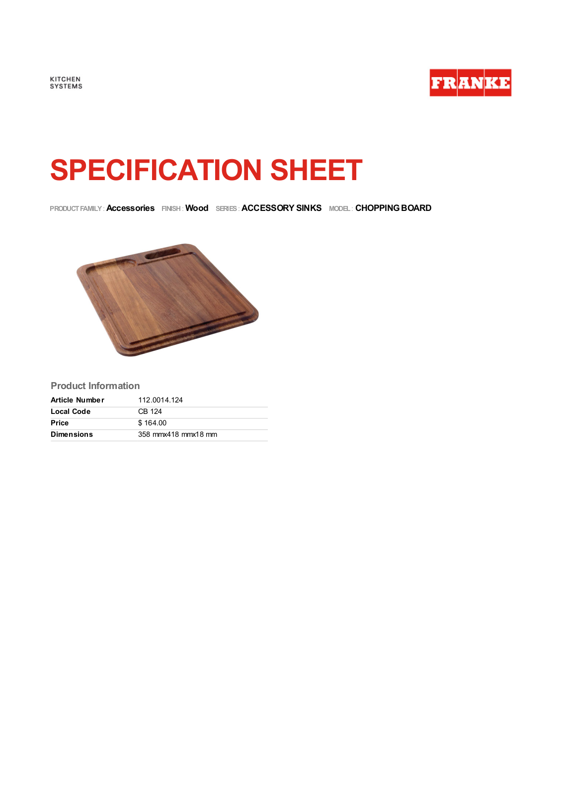 Franke CB124 Specifications Sheet