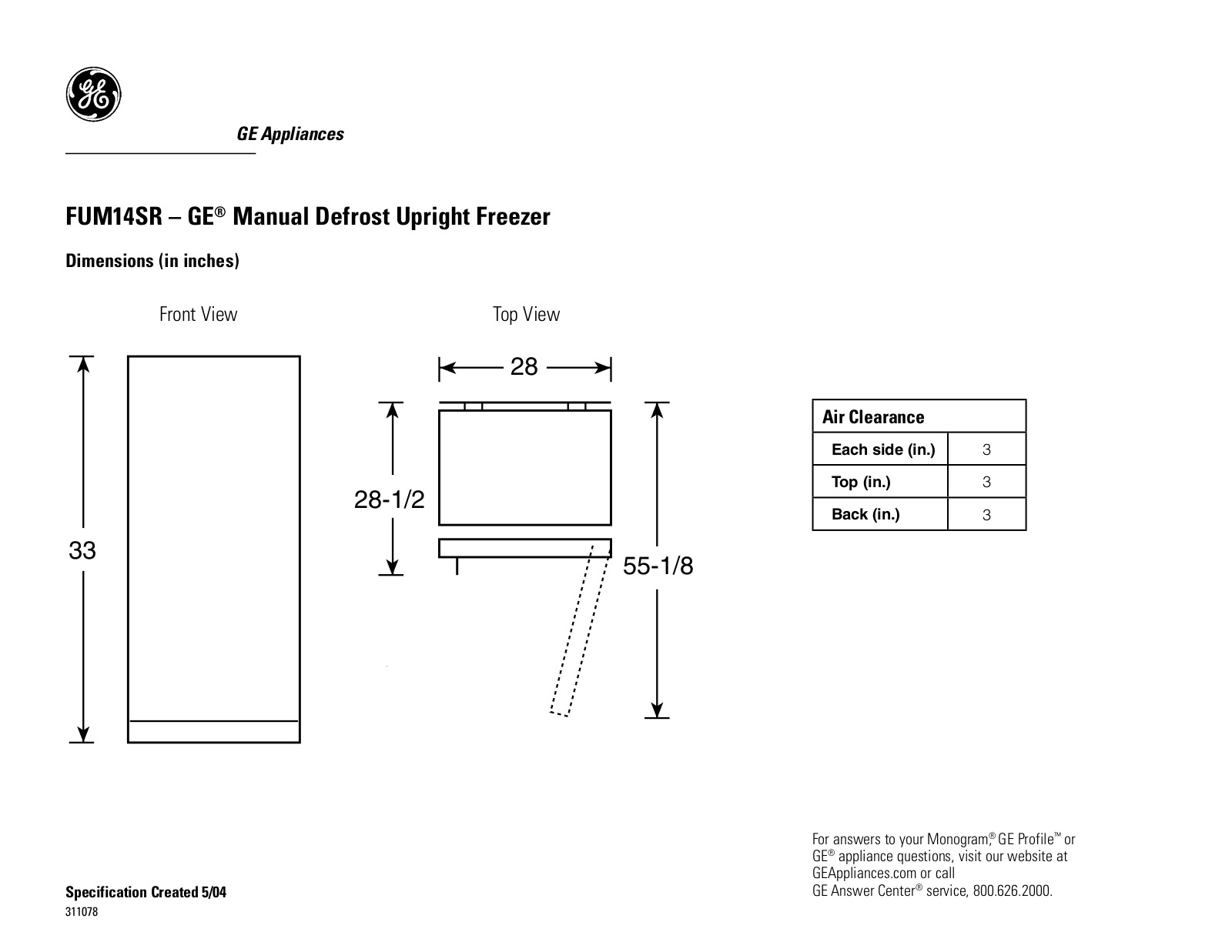 GE FUM14SR Specification