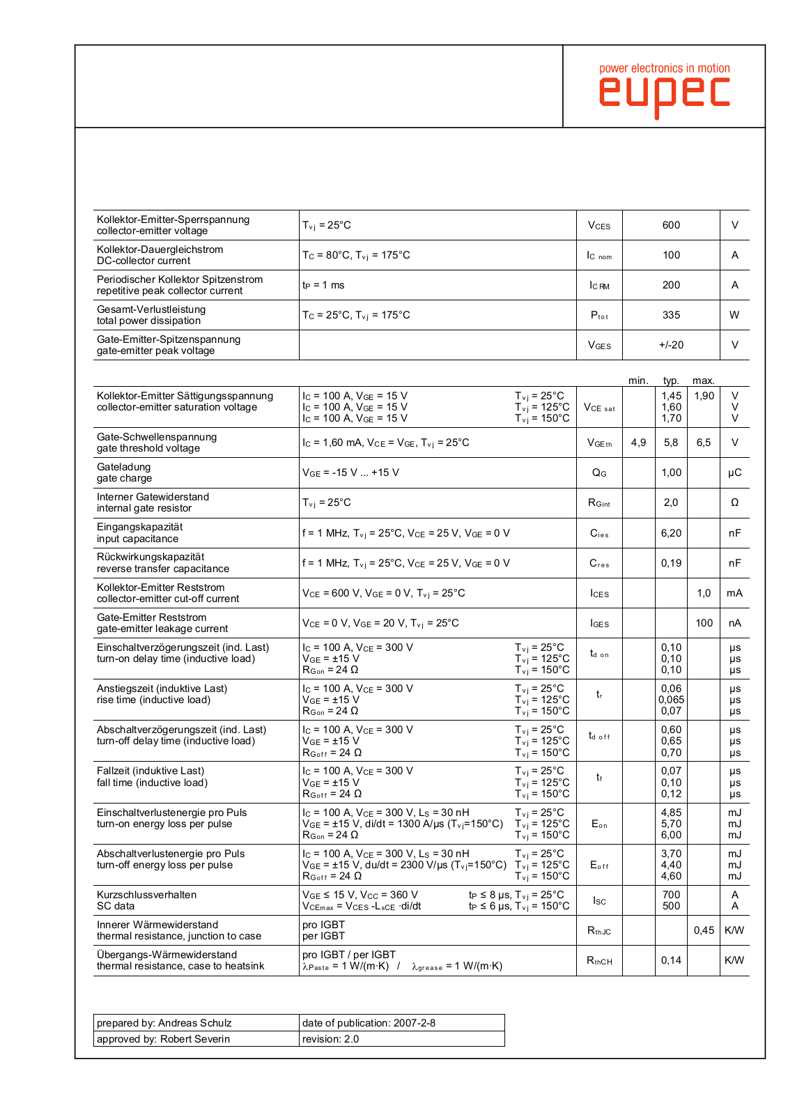 Infineon FP100R06KE3 Data Sheet