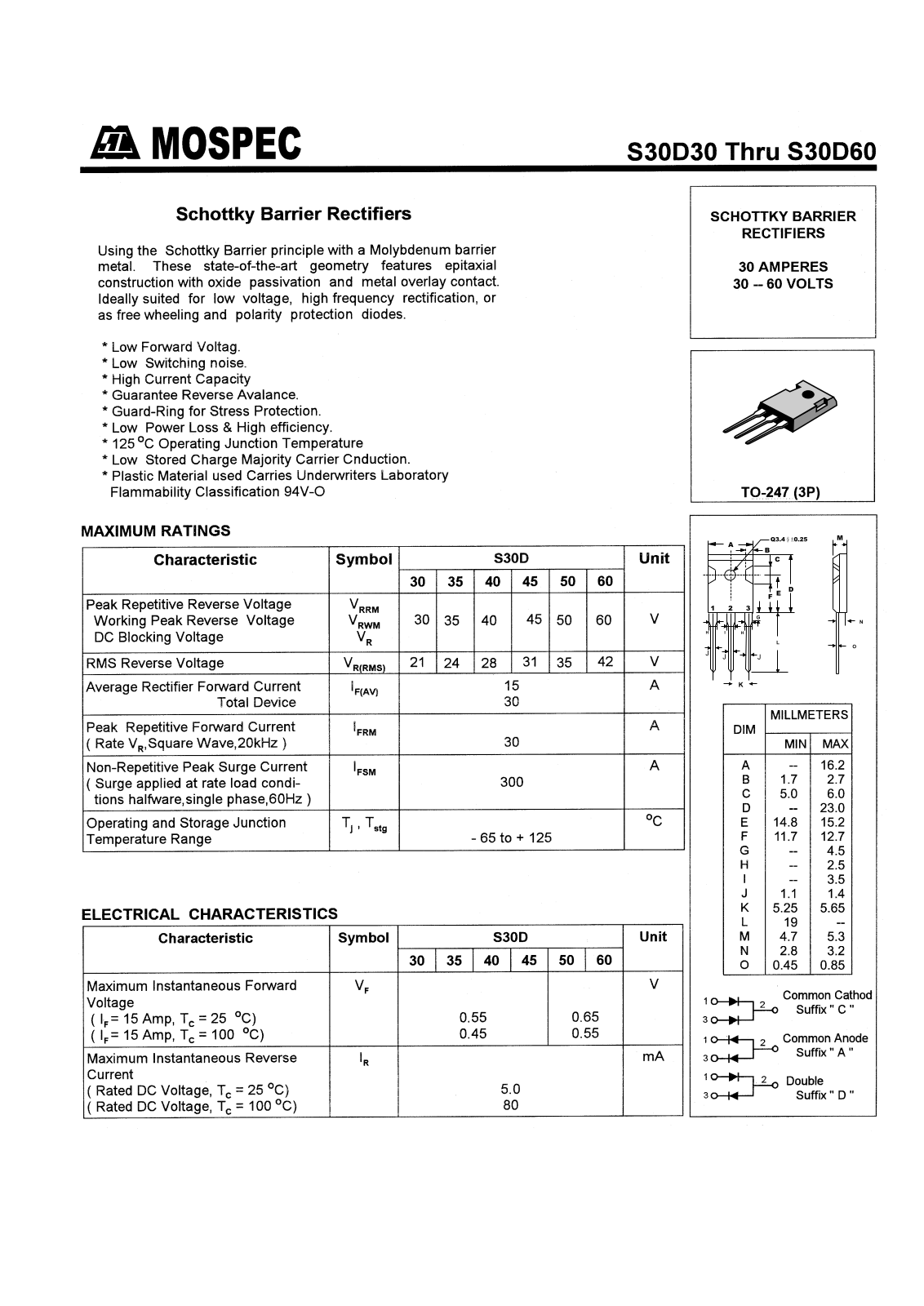 MOSPEC S30D30, S30D35, S30D40, S30D45, S30D60 Datasheet