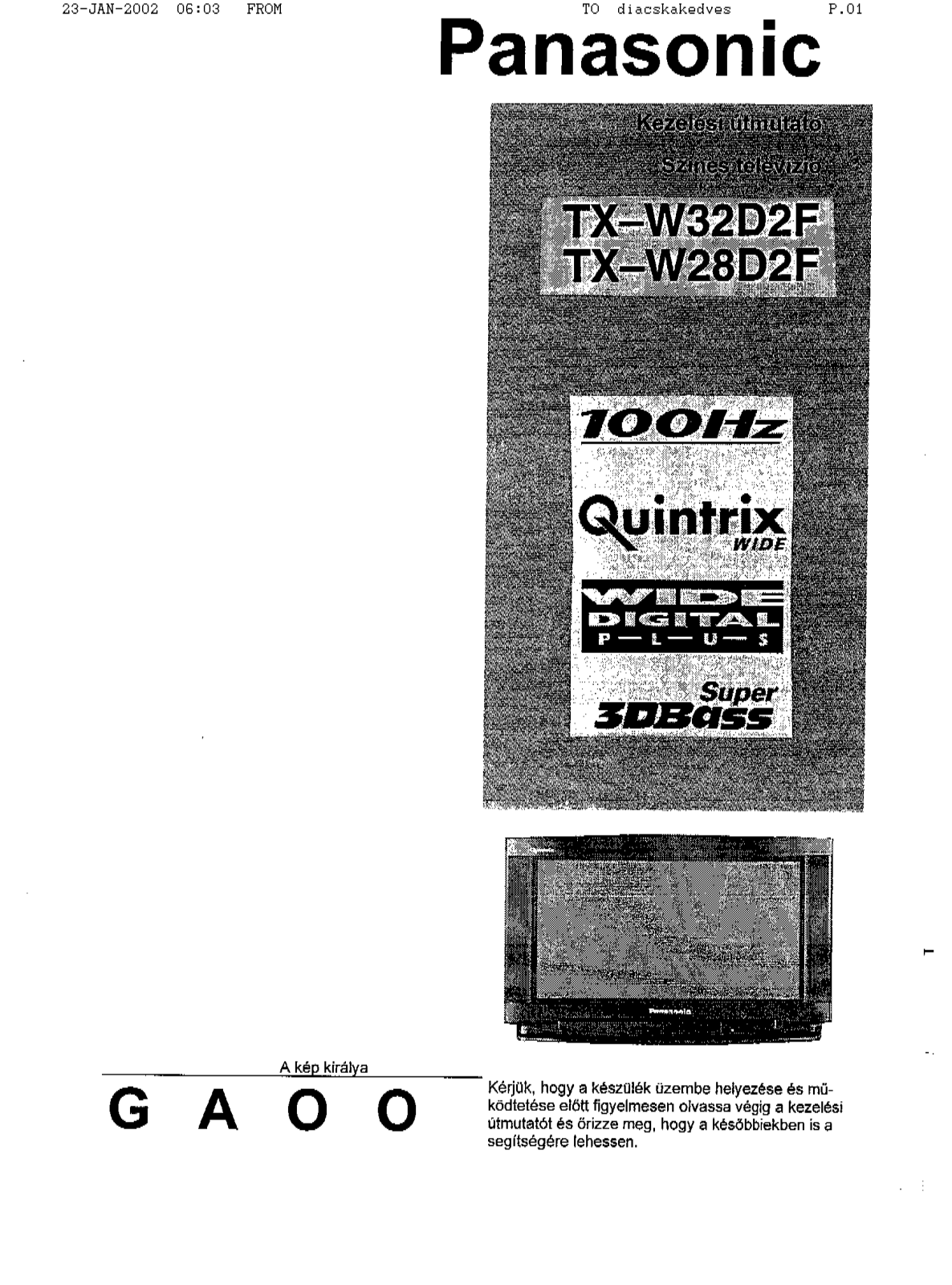 Panasonic TXW32D2F, TXW28D2F Operating Instructions