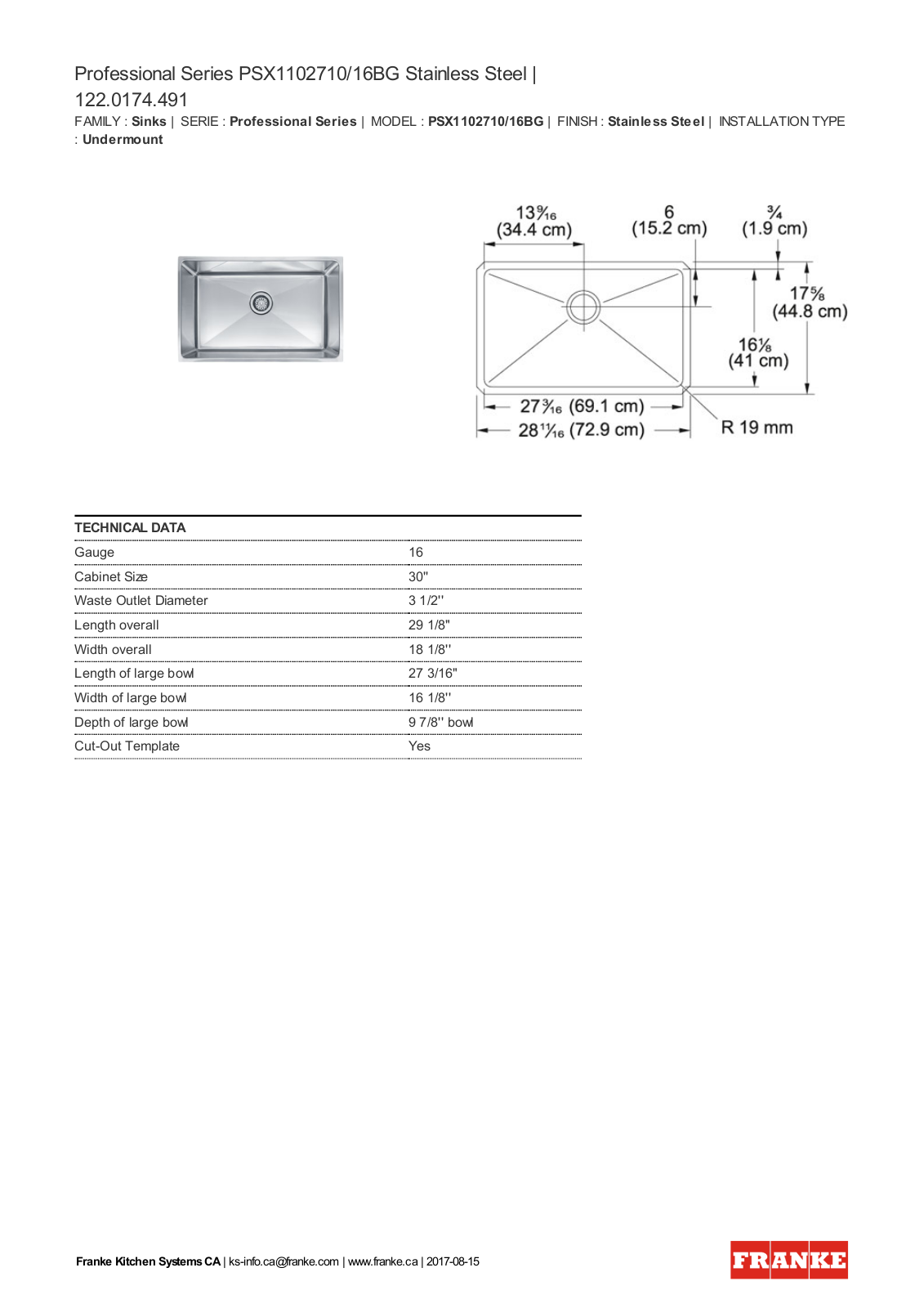 Franke PSX1102710 Specifications