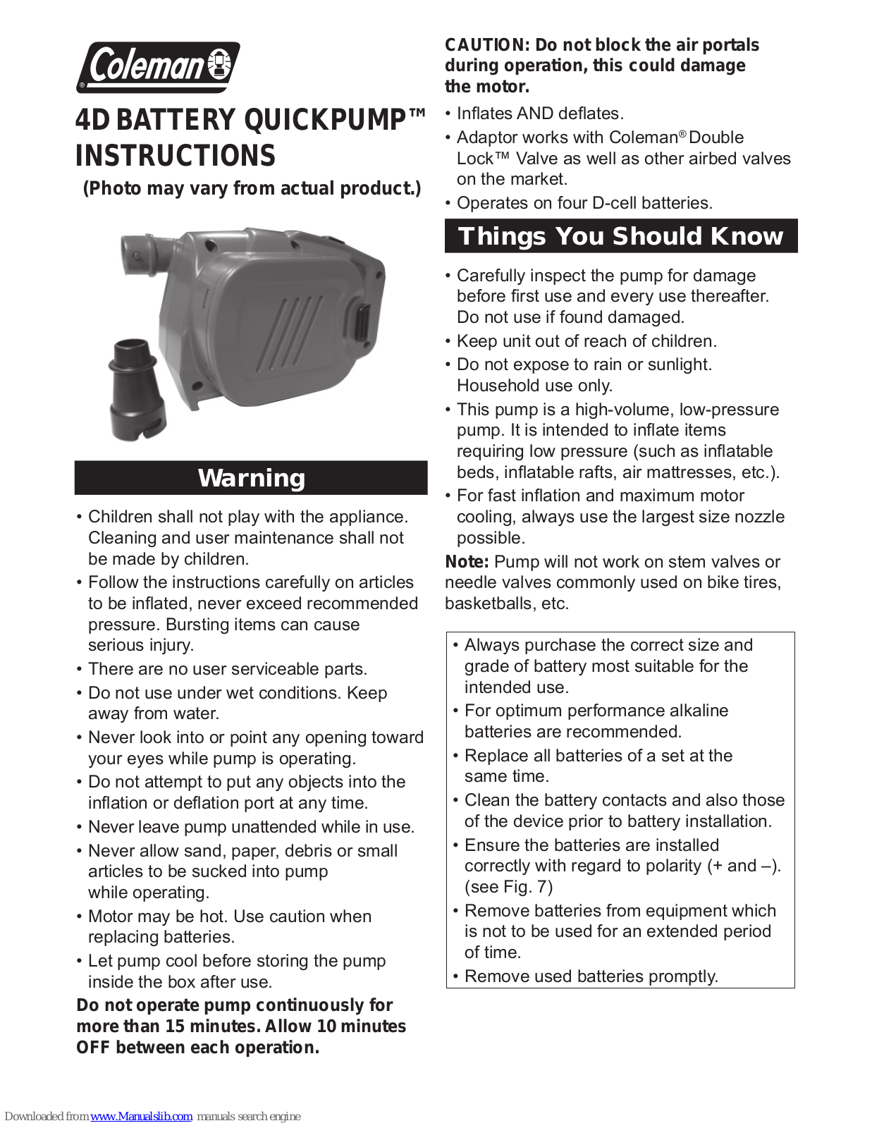 Coleman Quickpump 4D Instructions Manual