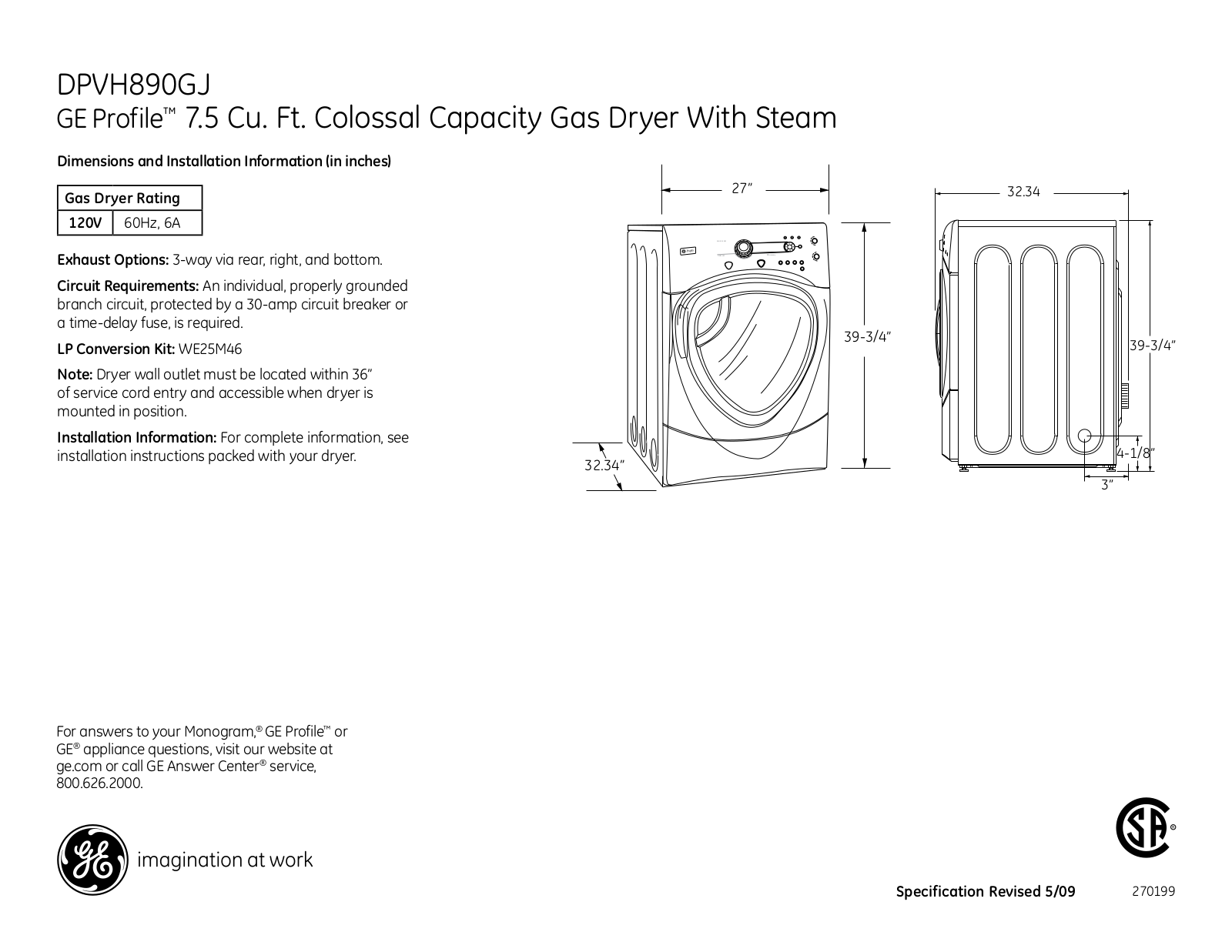 GE DPVH890GJ Specification