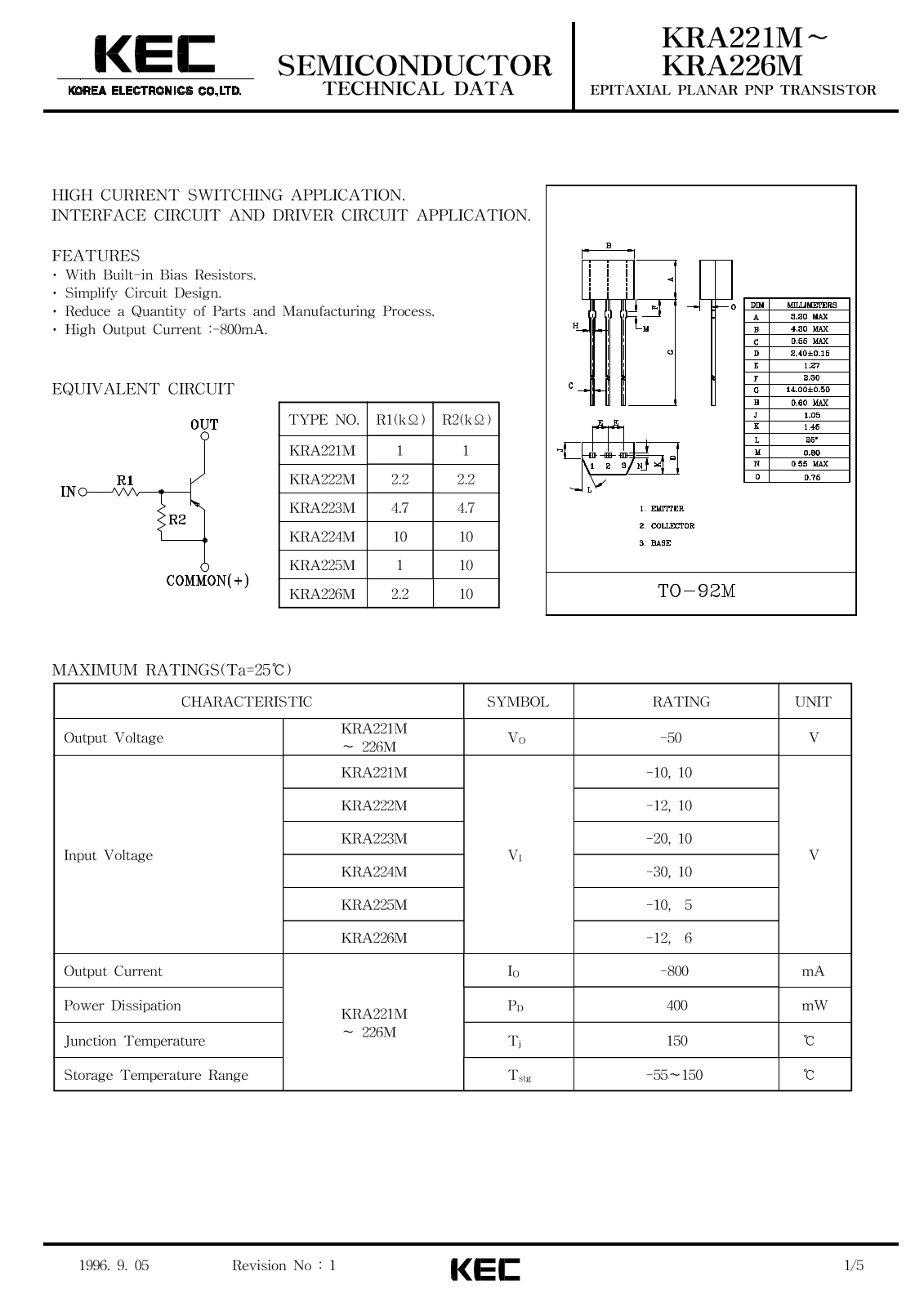 KEC KRA224M, KRA222M, KRA221M, KRA225M, KRA223M Datasheet