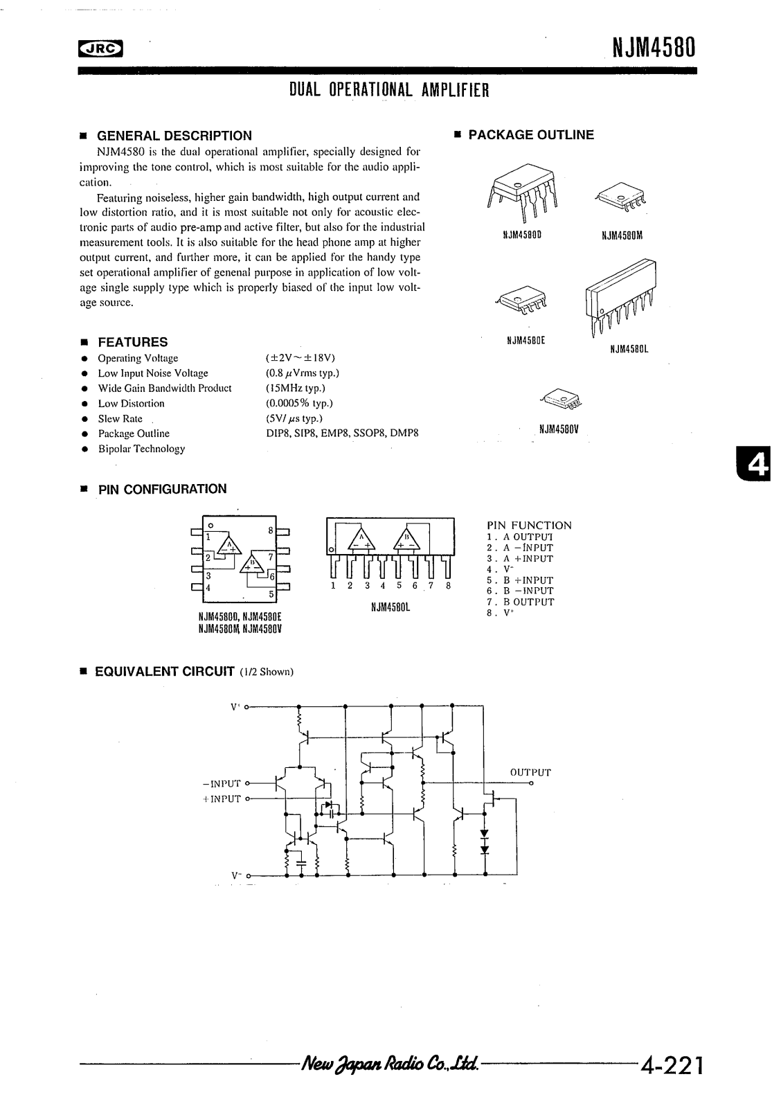 JRC NJM4580D, NJM4580M, NJM4580E, NJM4580V, NJM4580L Datasheet