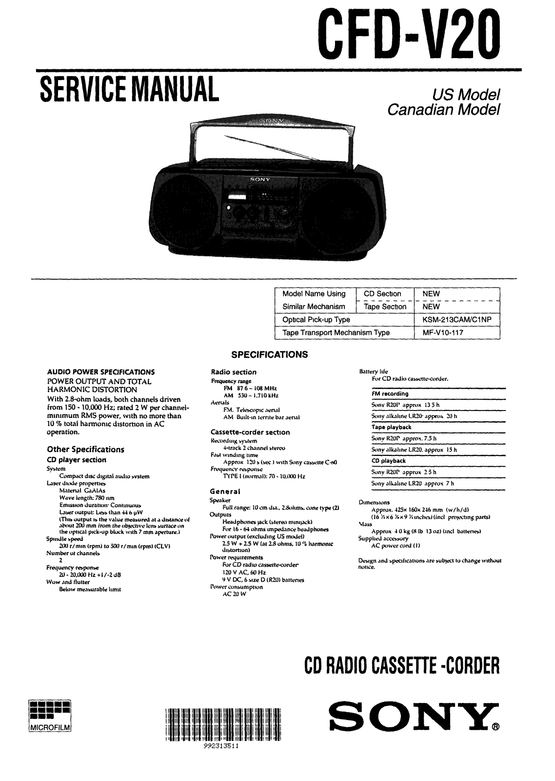 Sony CFDV-20 Service manual