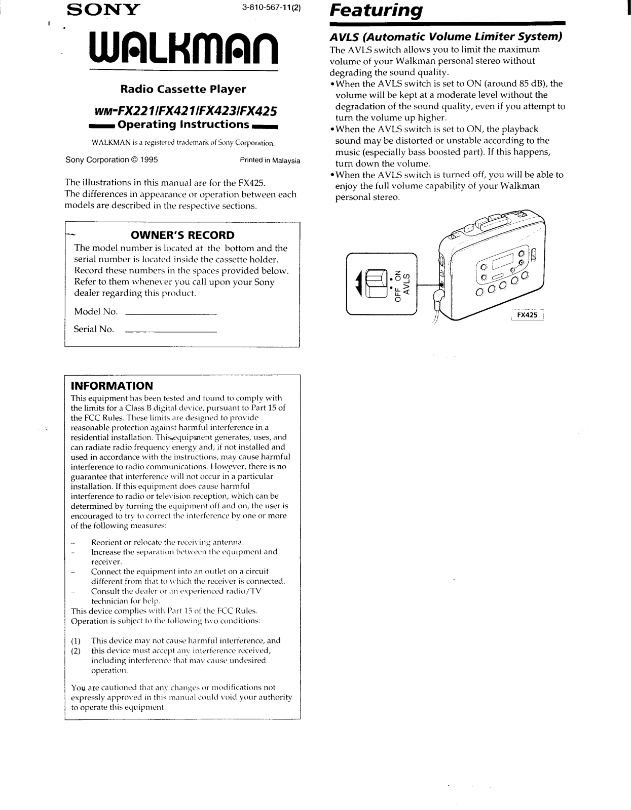 Sony WM-FX221, WM-FX421, WM-FX423, WM-FX425 Operating Manual