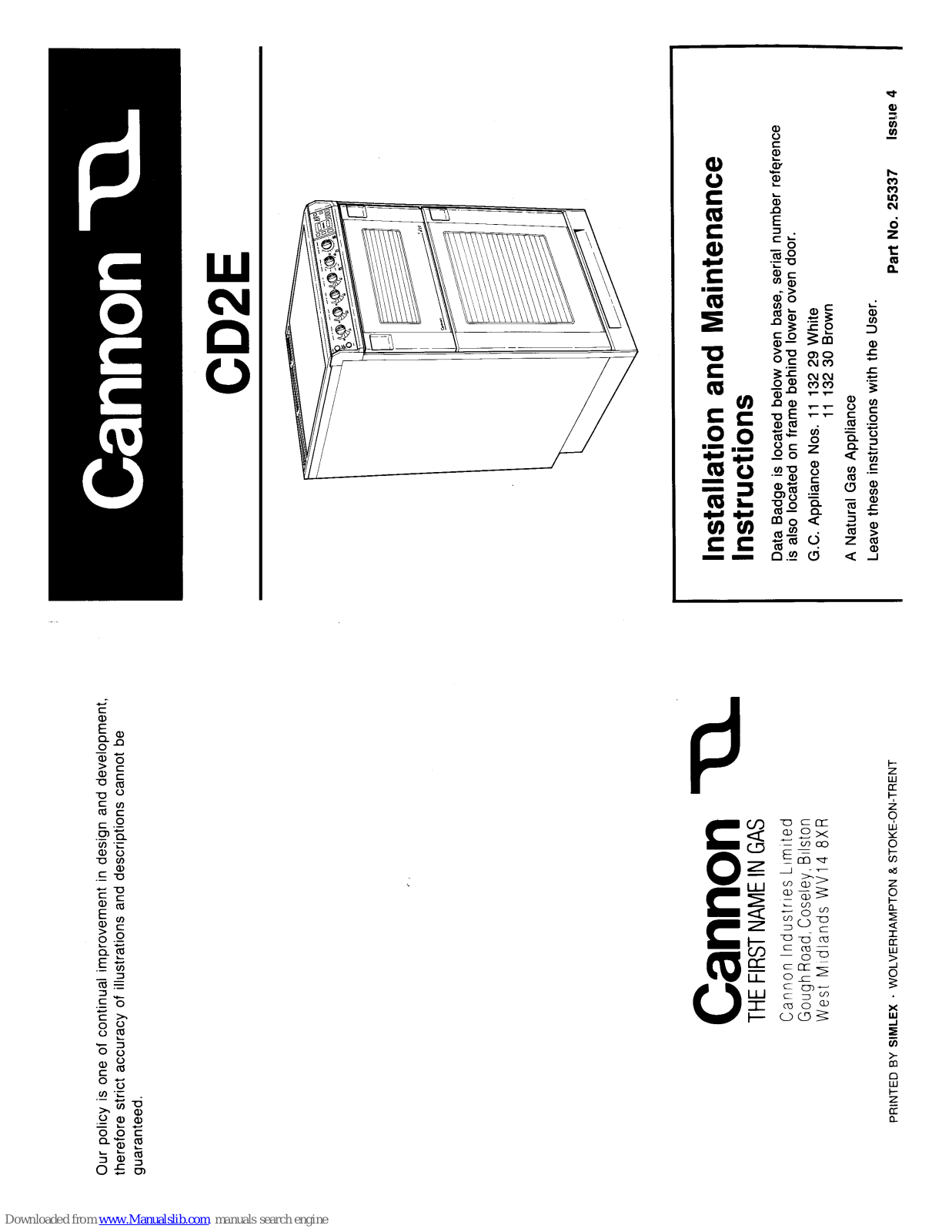 Cannon CD2E Installation And Maintenance Instructions Manual