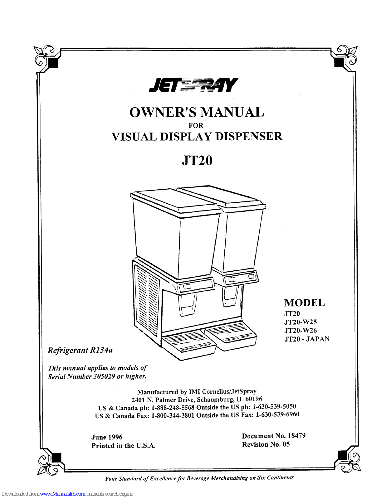 Cornelius Jetspray JT20-Japan, JetSpray JT20-W25, JetSpray JT20-W26, JetSpray JT20 Owner's Manual