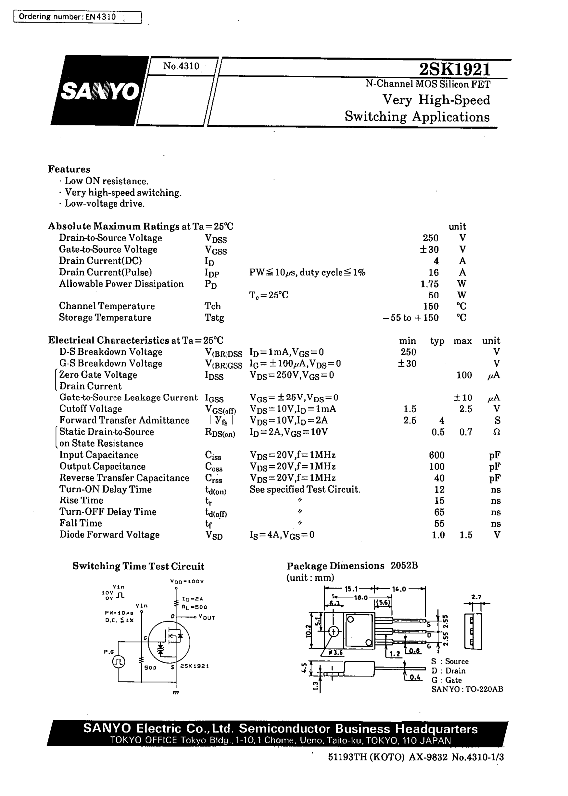 SANYO 2SK1921 Datasheet