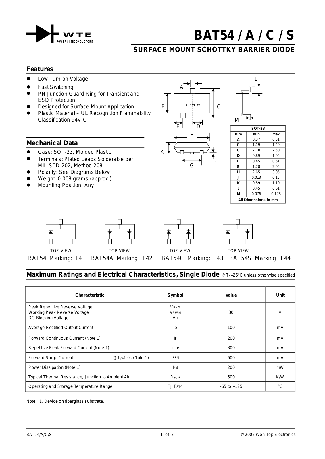 WTE BAT54S-T3, BAT54S-T1, BAT54C-T3, BAT54C-T1, BAT54-T3 Datasheet