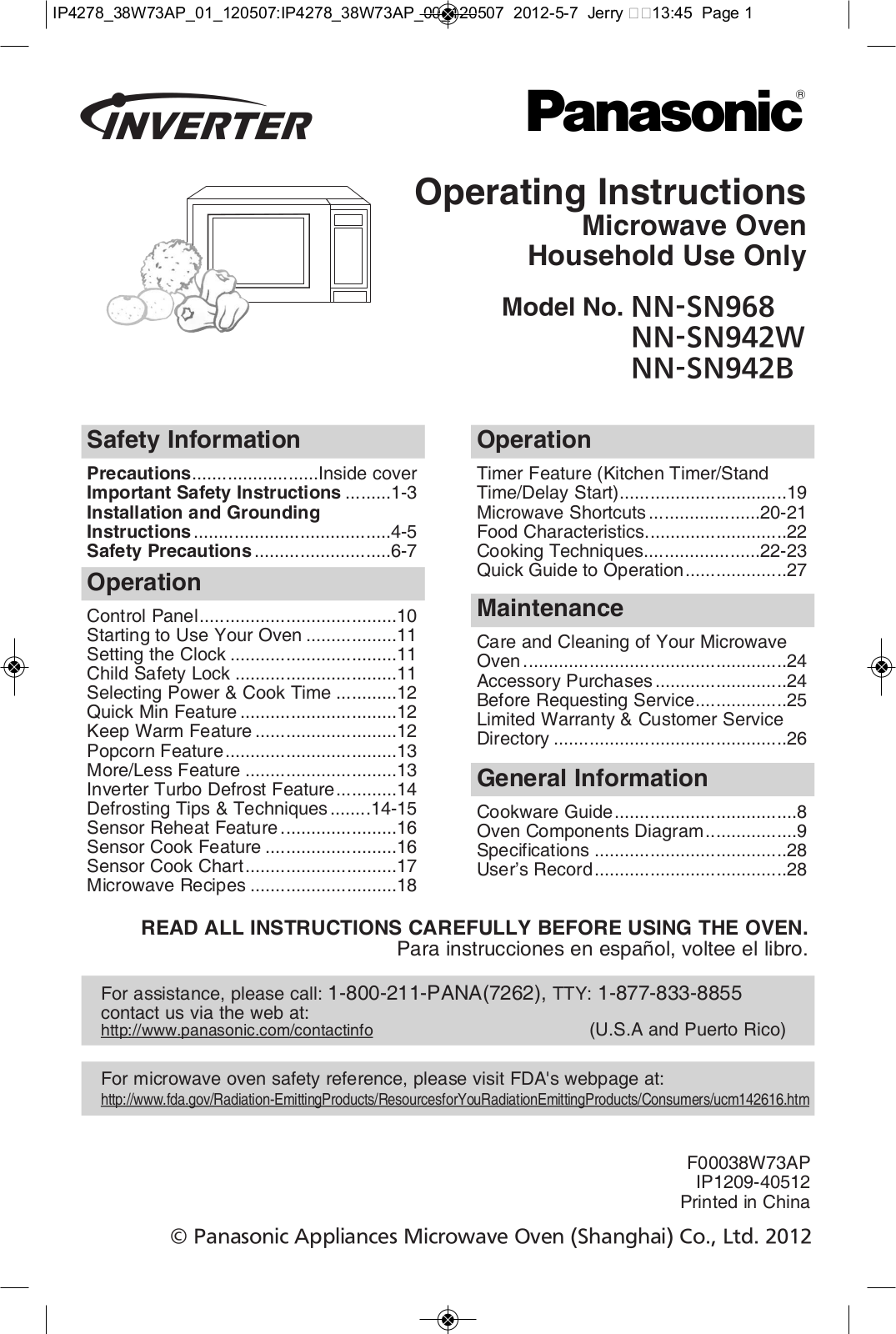 Panasonic NN-SN942B, NN-SN942W, NN-SN968 Operating Instruction