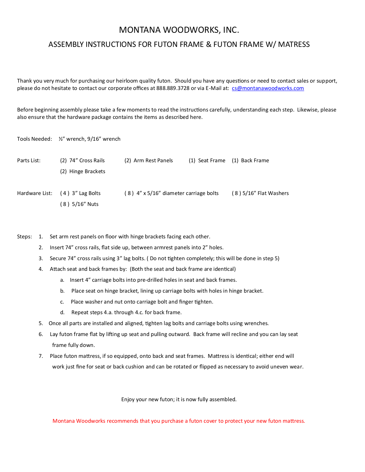 Montana Woodworks Futon Assembly Instruction