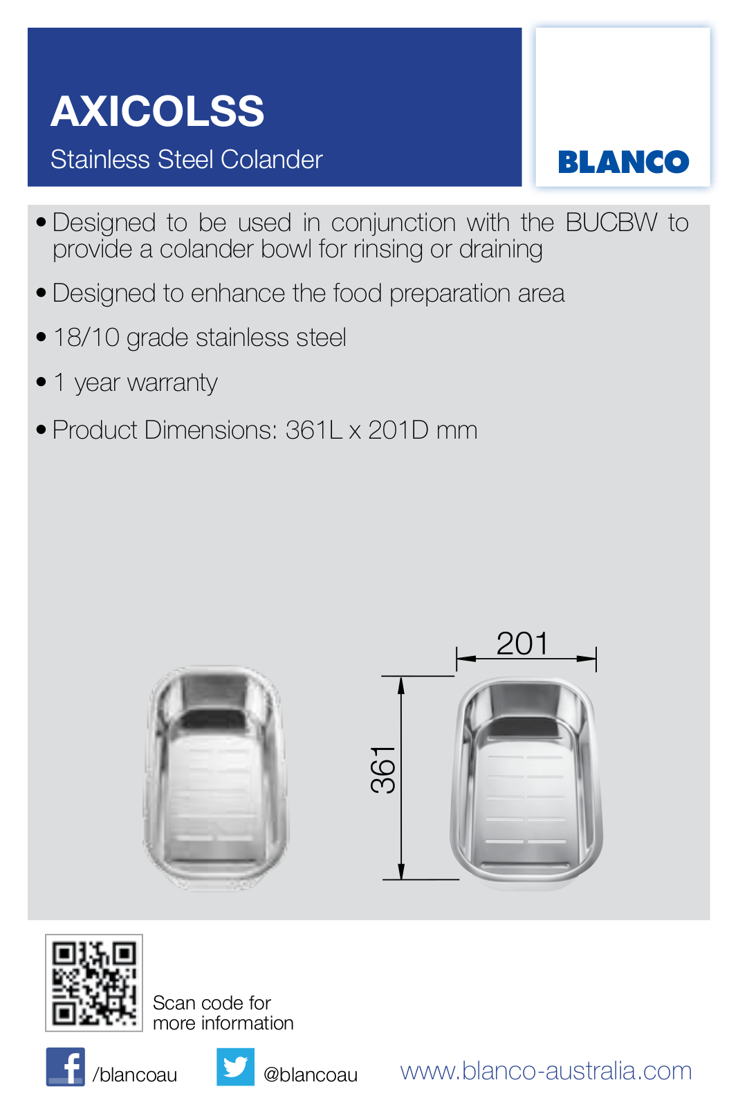 Blanco AXICOLSS Specifications Sheet