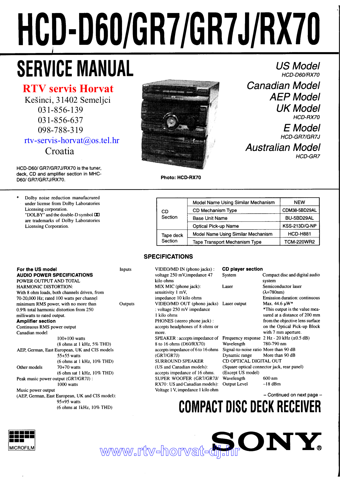 Sony HCD-D60, HCD-GR7, HCD-RX70, HCD-GR7J Schematic