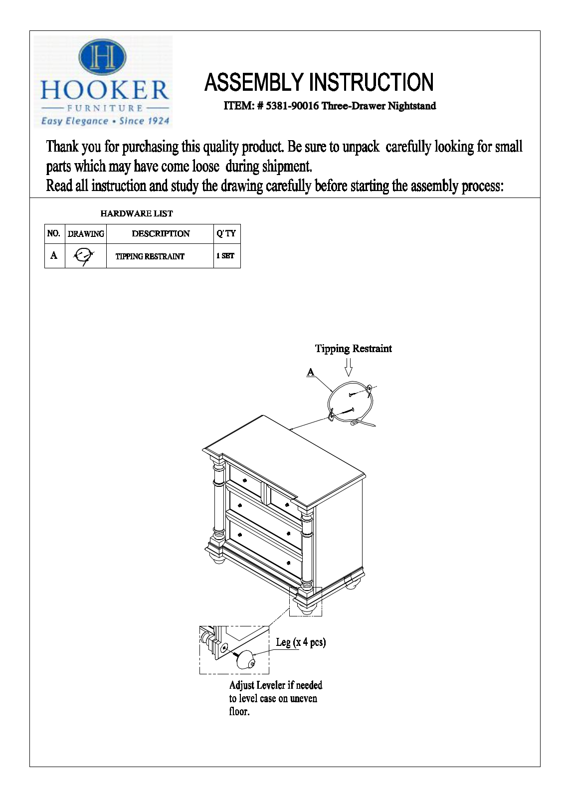 Hooker Furniture 538190016 Assembly Guide