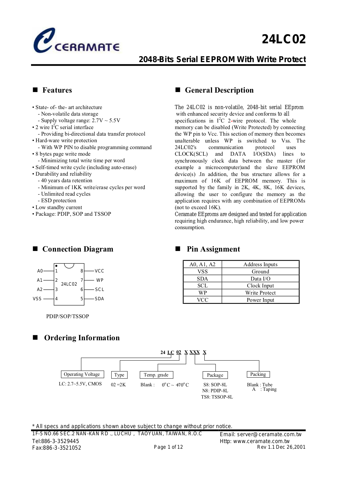 CRMT 24LC02TS8A, 24LC02TS8, 24LC02S8A, 24LC02S8, 24LC02N8 Datasheet