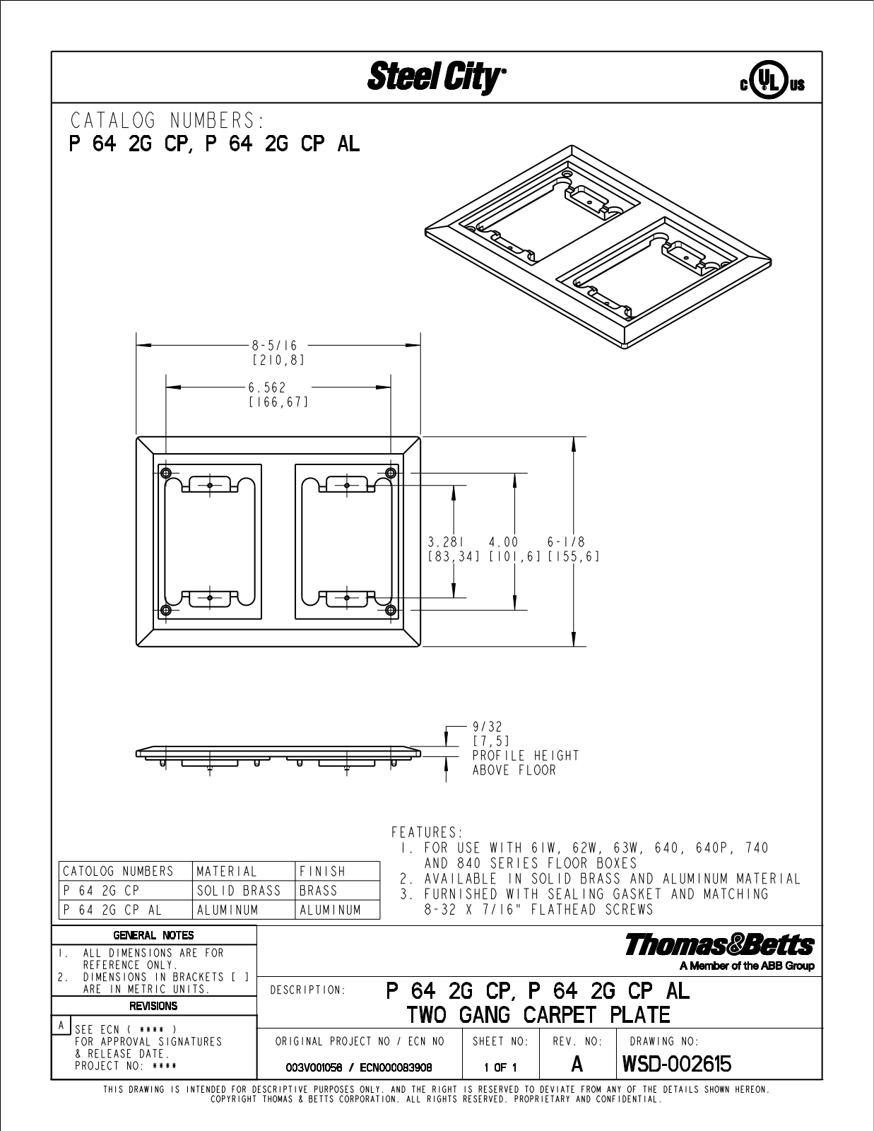 Thomas & Betts P 64 2G CP, P 64 2G CP AL Reference Drawing - ManualMachine.com