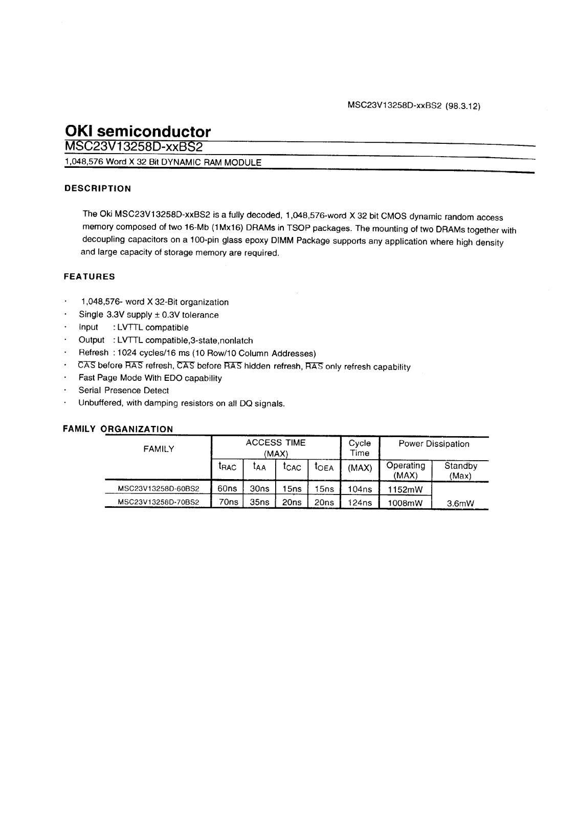 OKI MSC23V13258D-60BS2, MSC23V13258D-70BS2 Datasheet