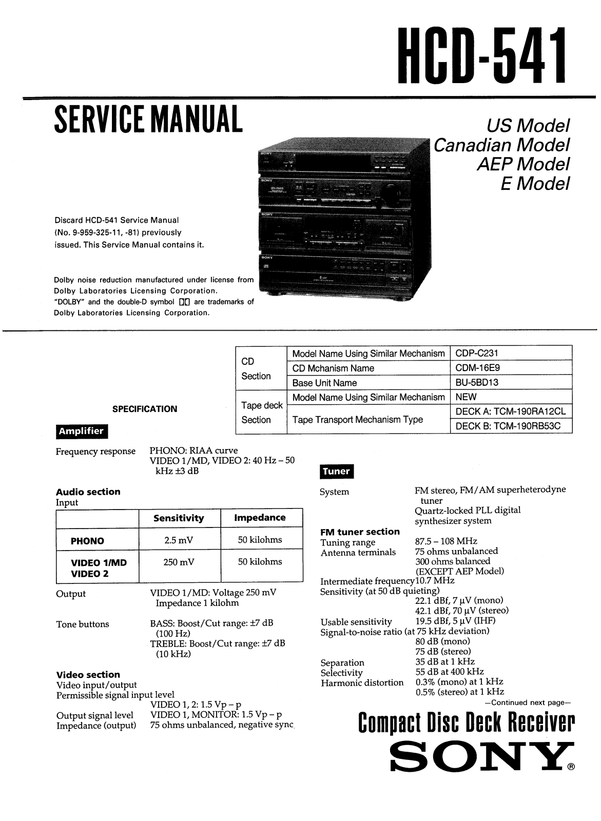 Sony HCD-541 Service manual