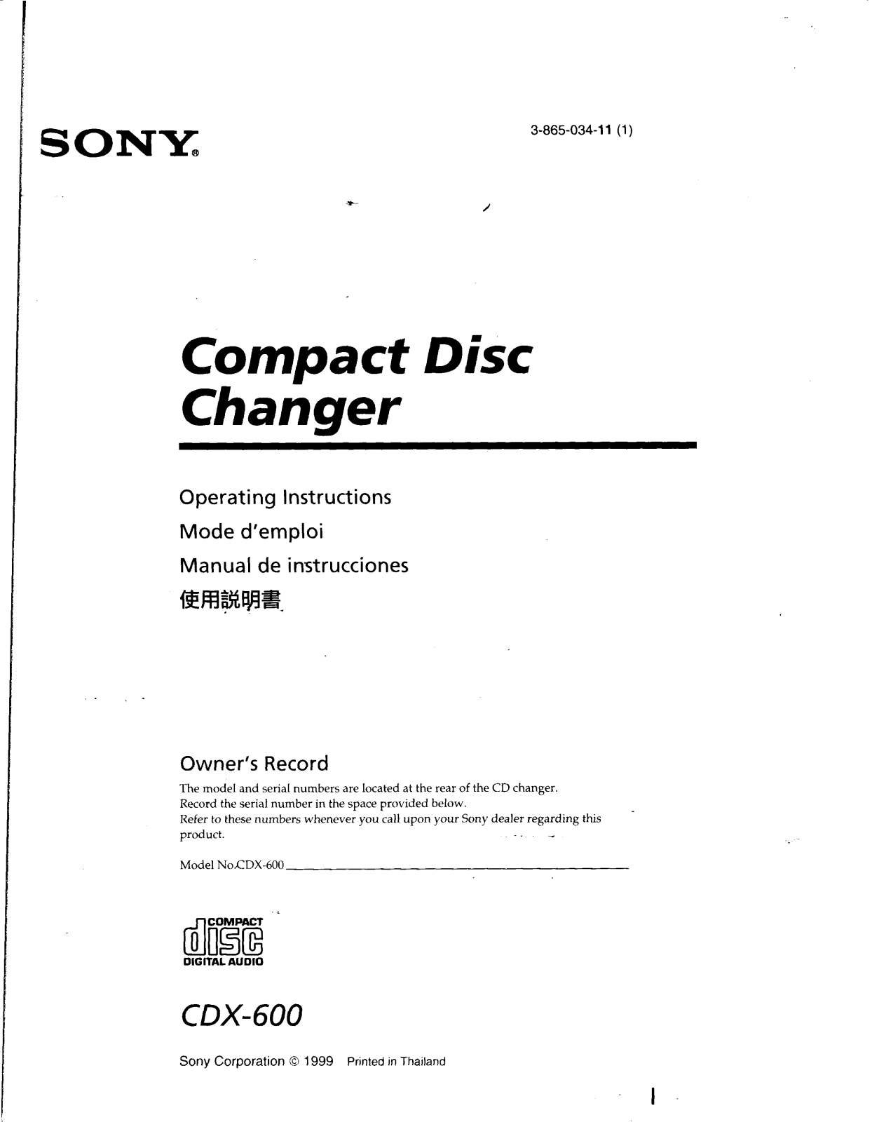 Sony CDX-600FP Operating Instructions