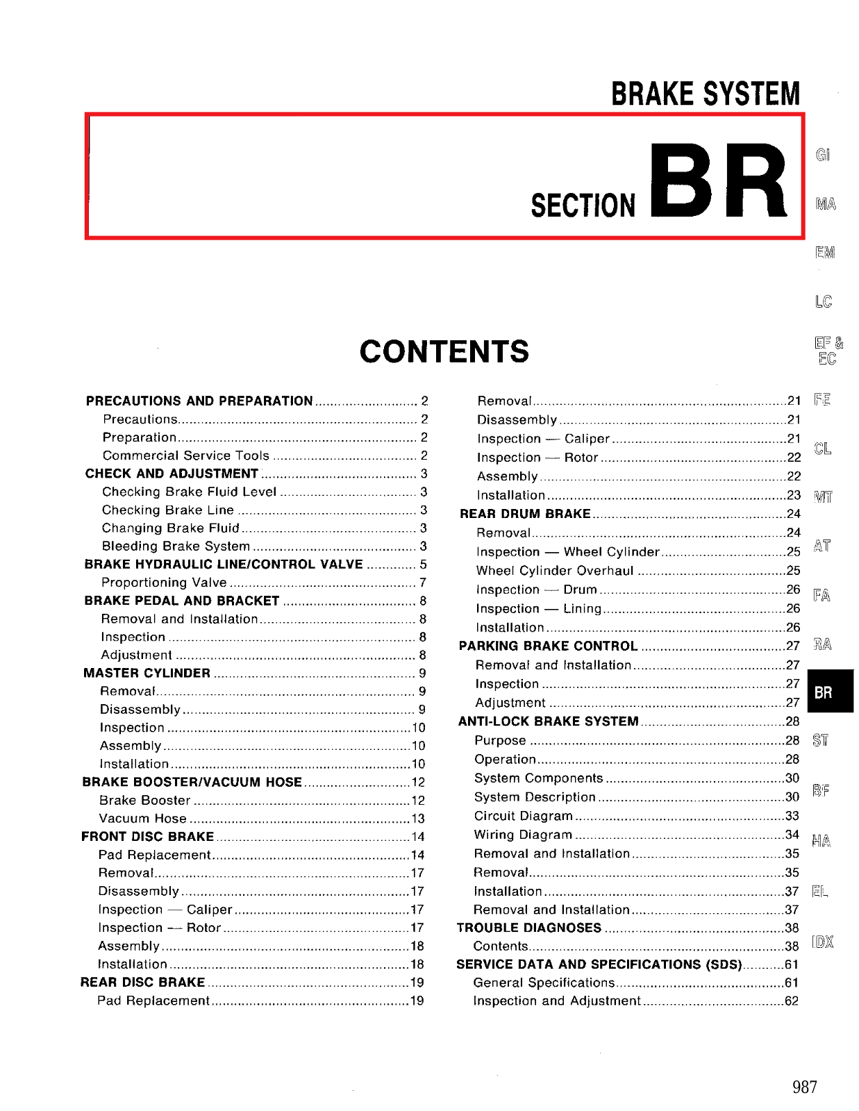 Nissan Sentra Brake System  BR 1994 Owner's Manual