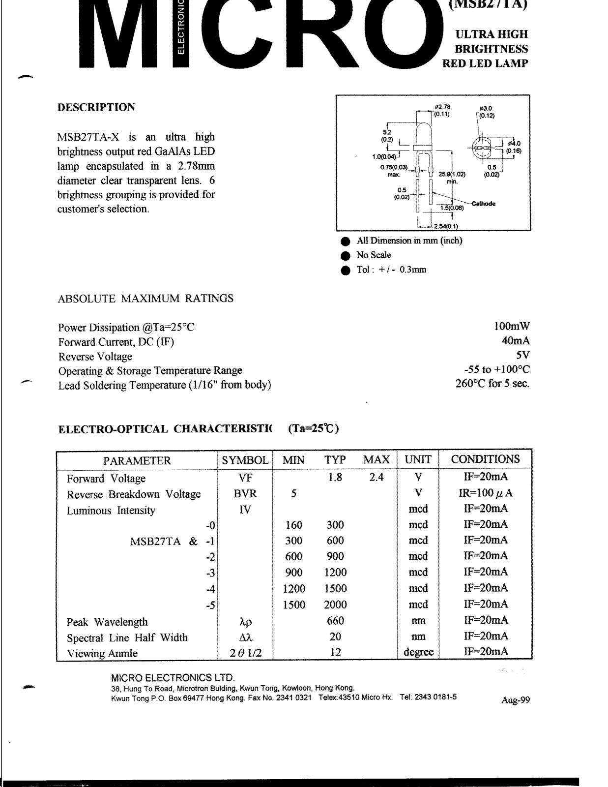 MICRO MSB27TA-5, MSB27TA-1, MSB27TA-2, MSB27TA-3, MSB27TA-4 Datasheet