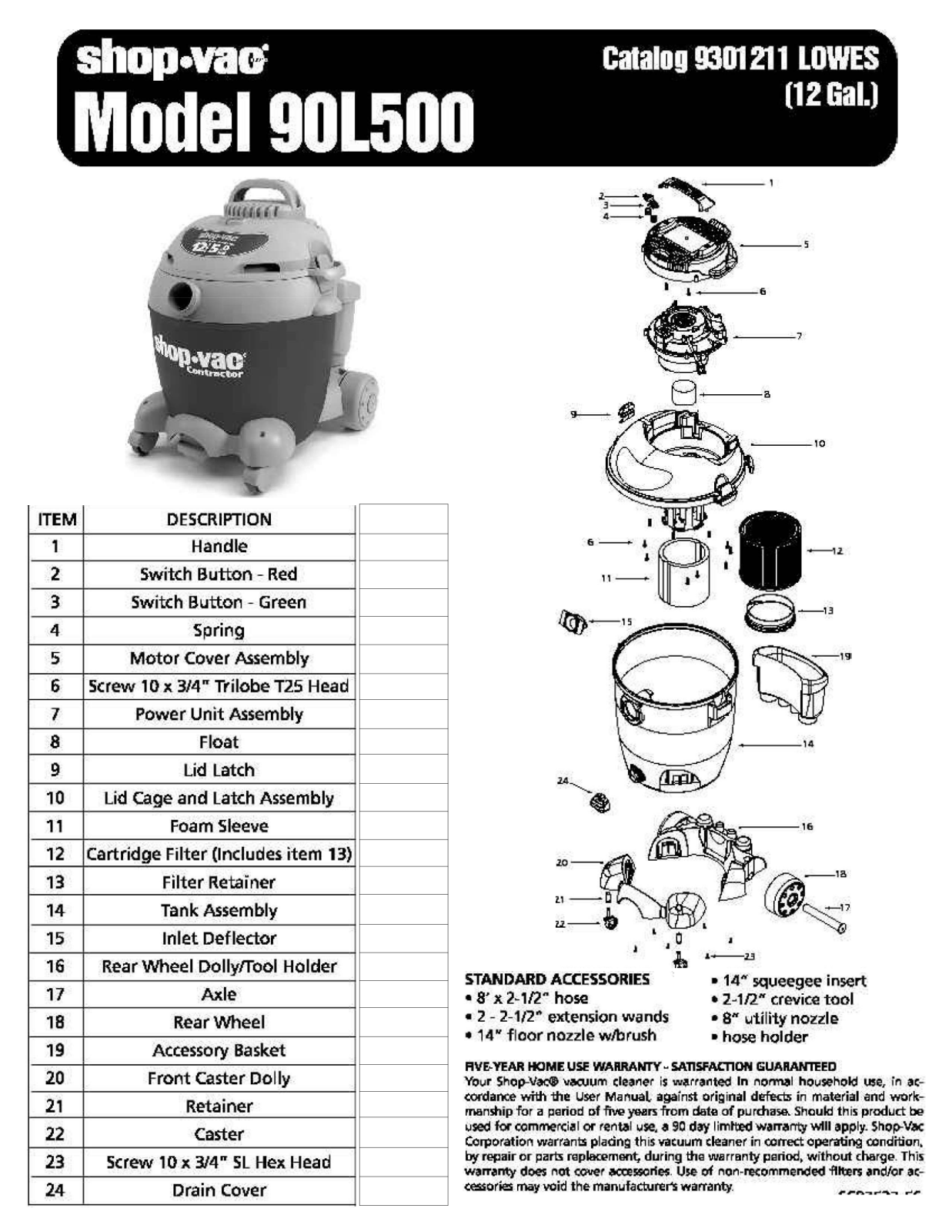 Shop Vac 90l500 Owner's Manual