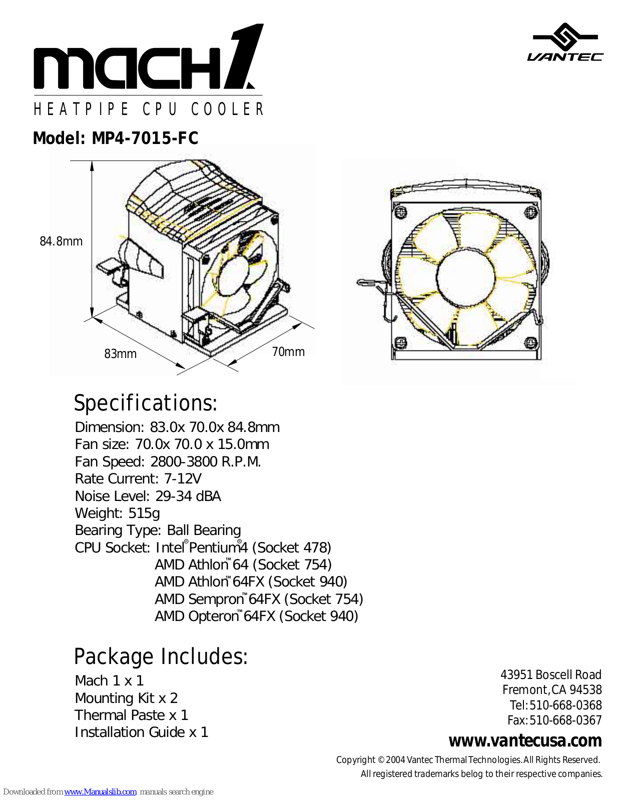 Vantec Heatpipe CPU Cooler MP4-7017-FC, Mach 1, MP4-7015-FC Specifications - ManualMachine.com