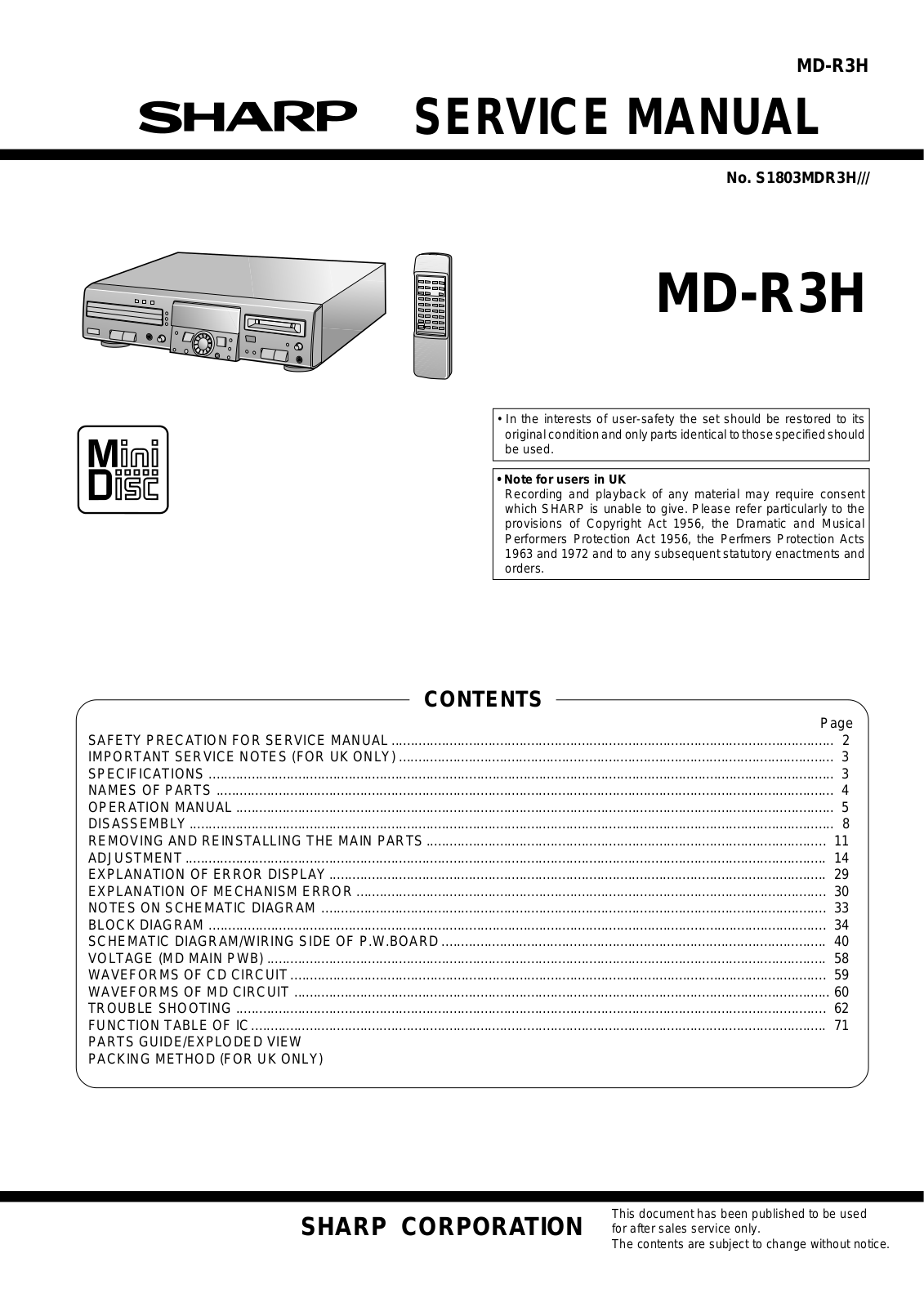 Sharp MDR-3-H Service manual