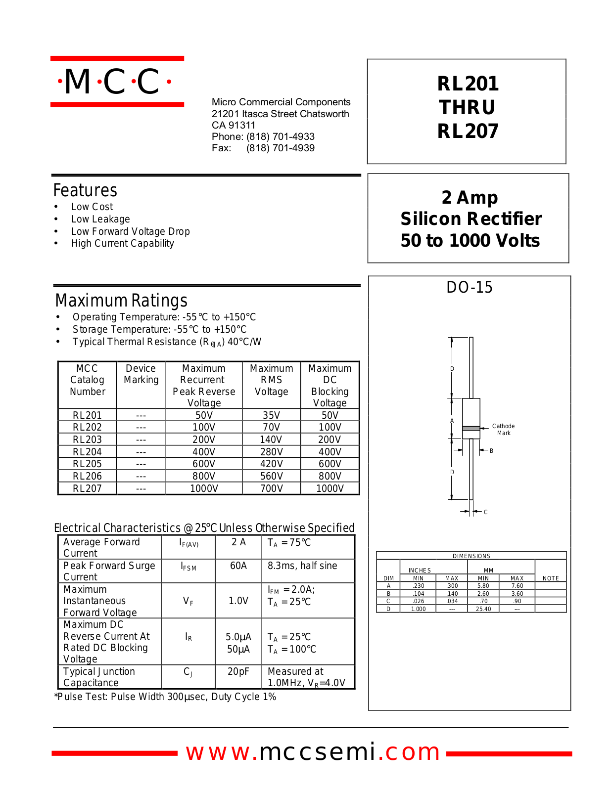 MCC RL201, RL205, RL203, RL202, RL207 Datasheet