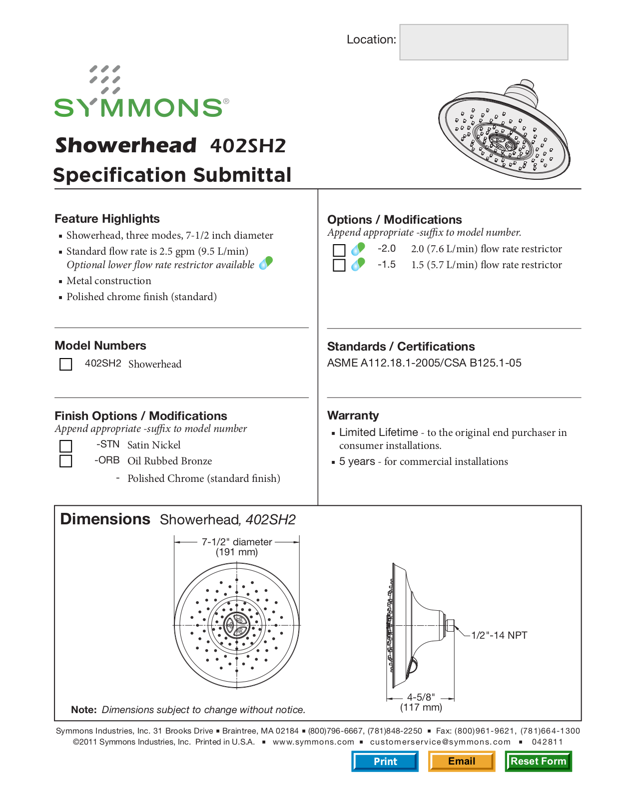 Symmons 402SH2 User Manual