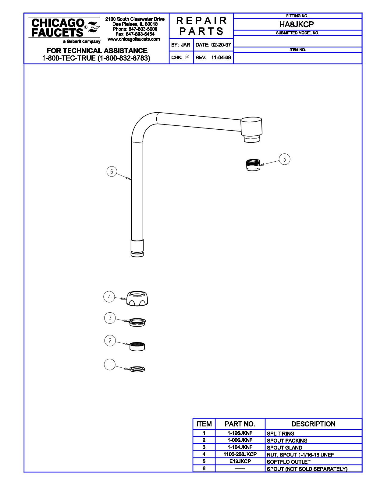 Chicago Faucet HA8JKCP Parts List