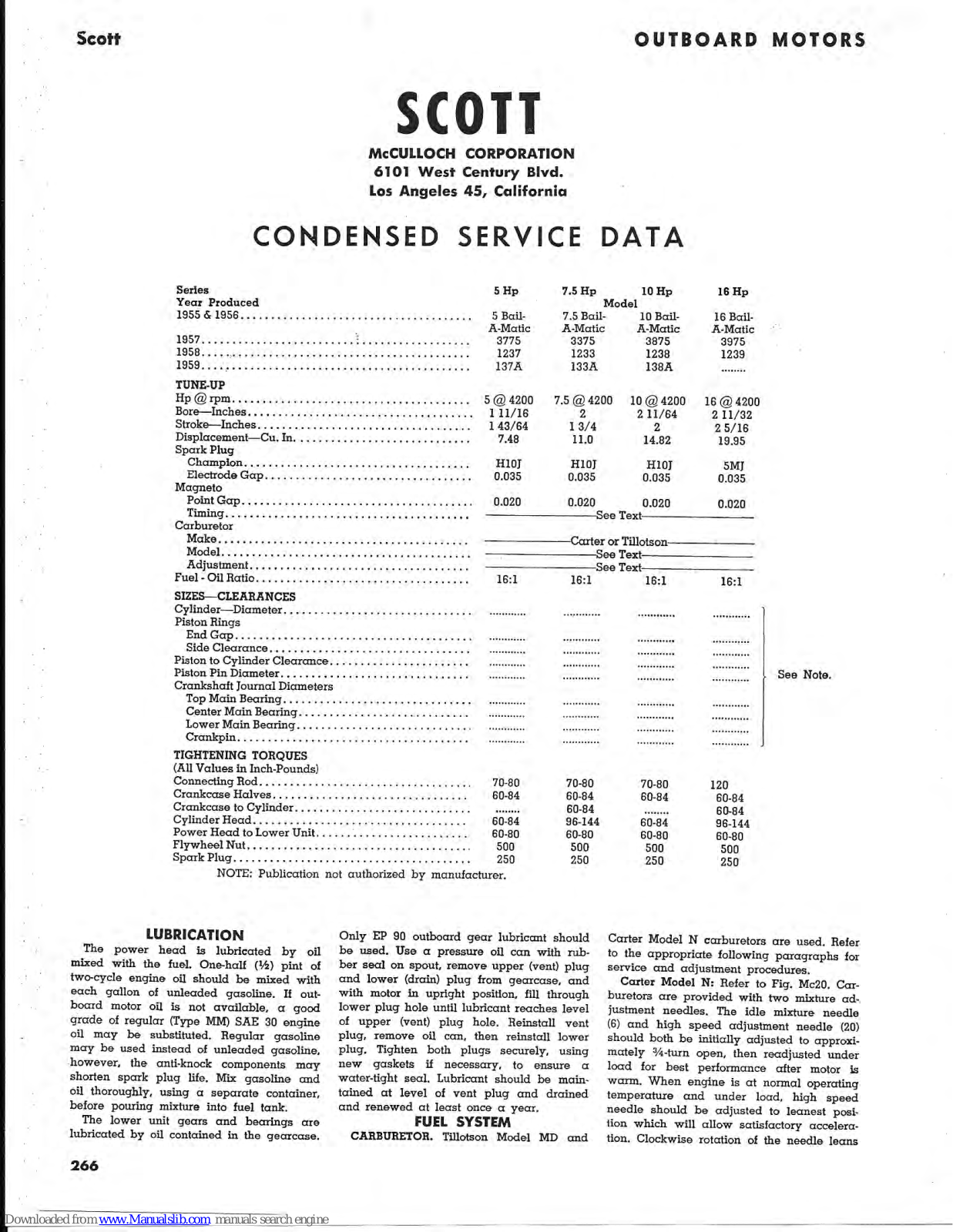 Scott 5 Hp Series,16 Hp Series,7.5 Hp Series,10 Hp Series Service Data