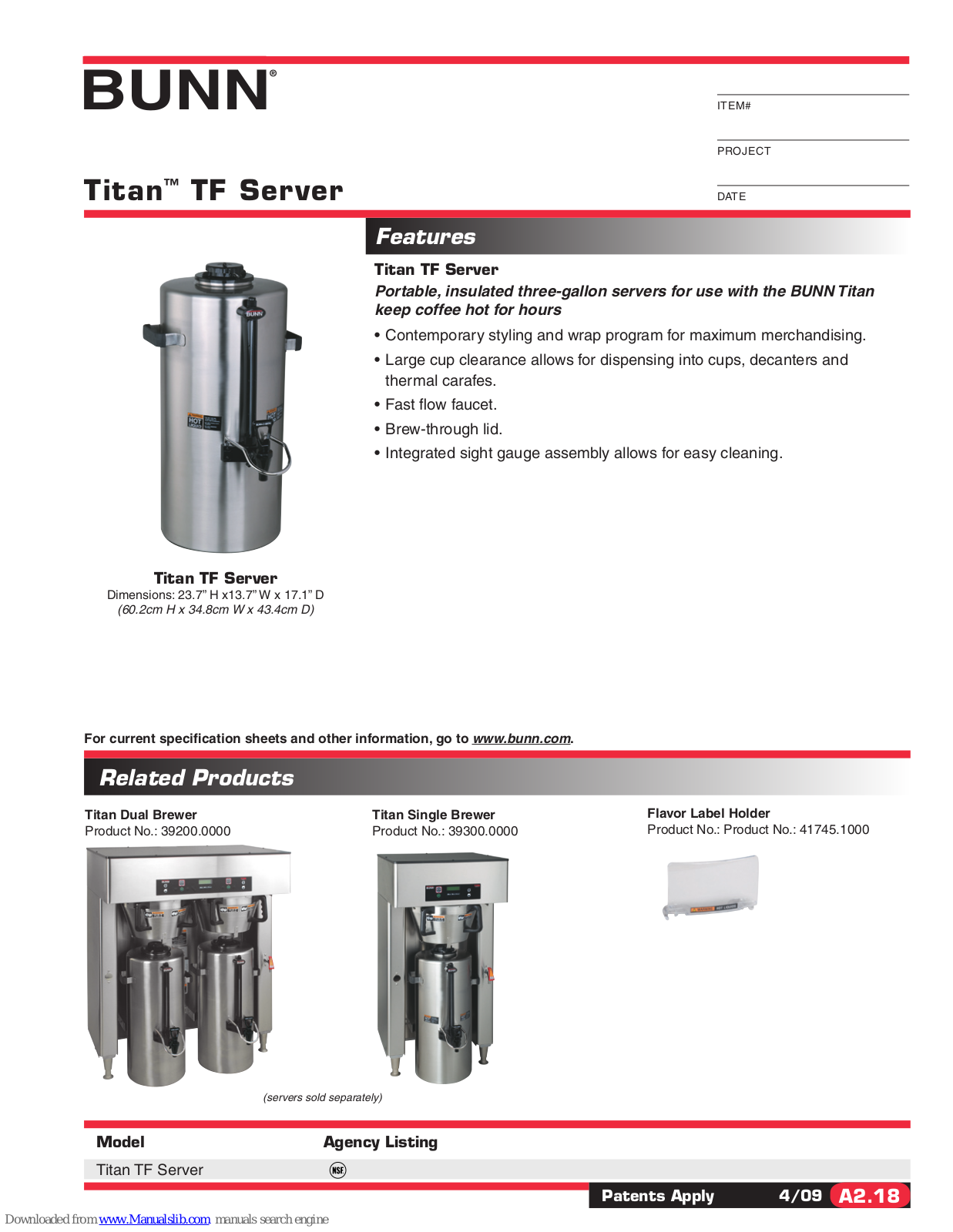 Bunn Coffemaker Titan TF Server, Titan TF Specification Sheet