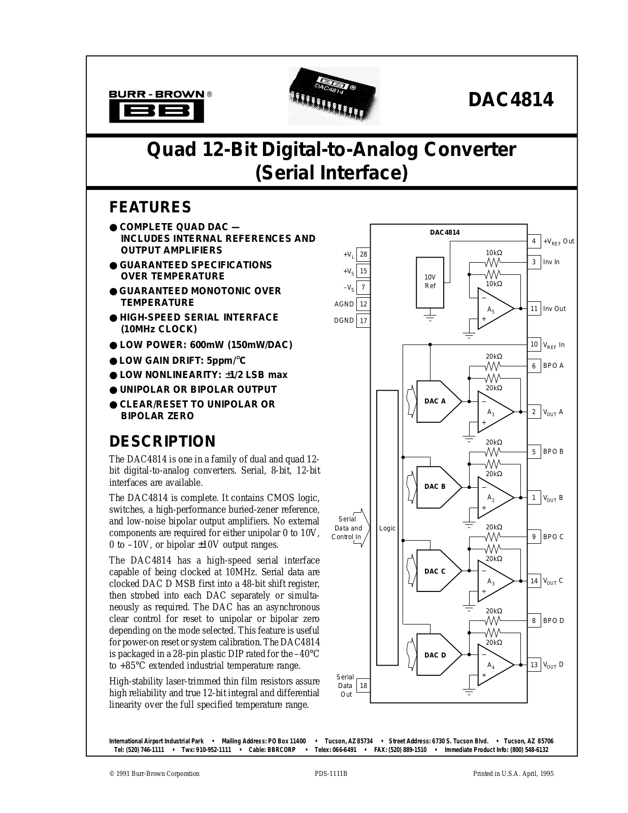 Burr Brown Corporation DAC4814BP, DAC4814 Datasheet